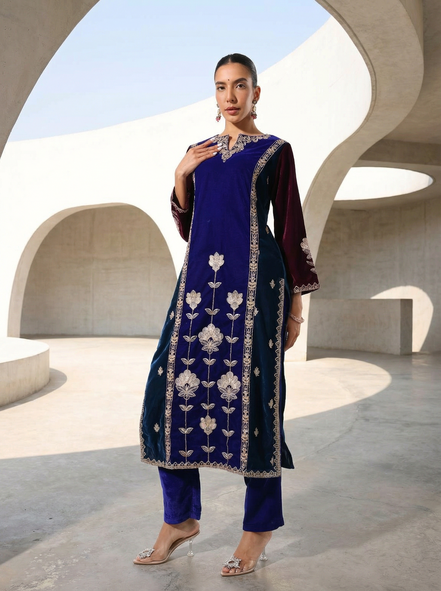 Rich Royal Blue Velvet Straight Kurta Set