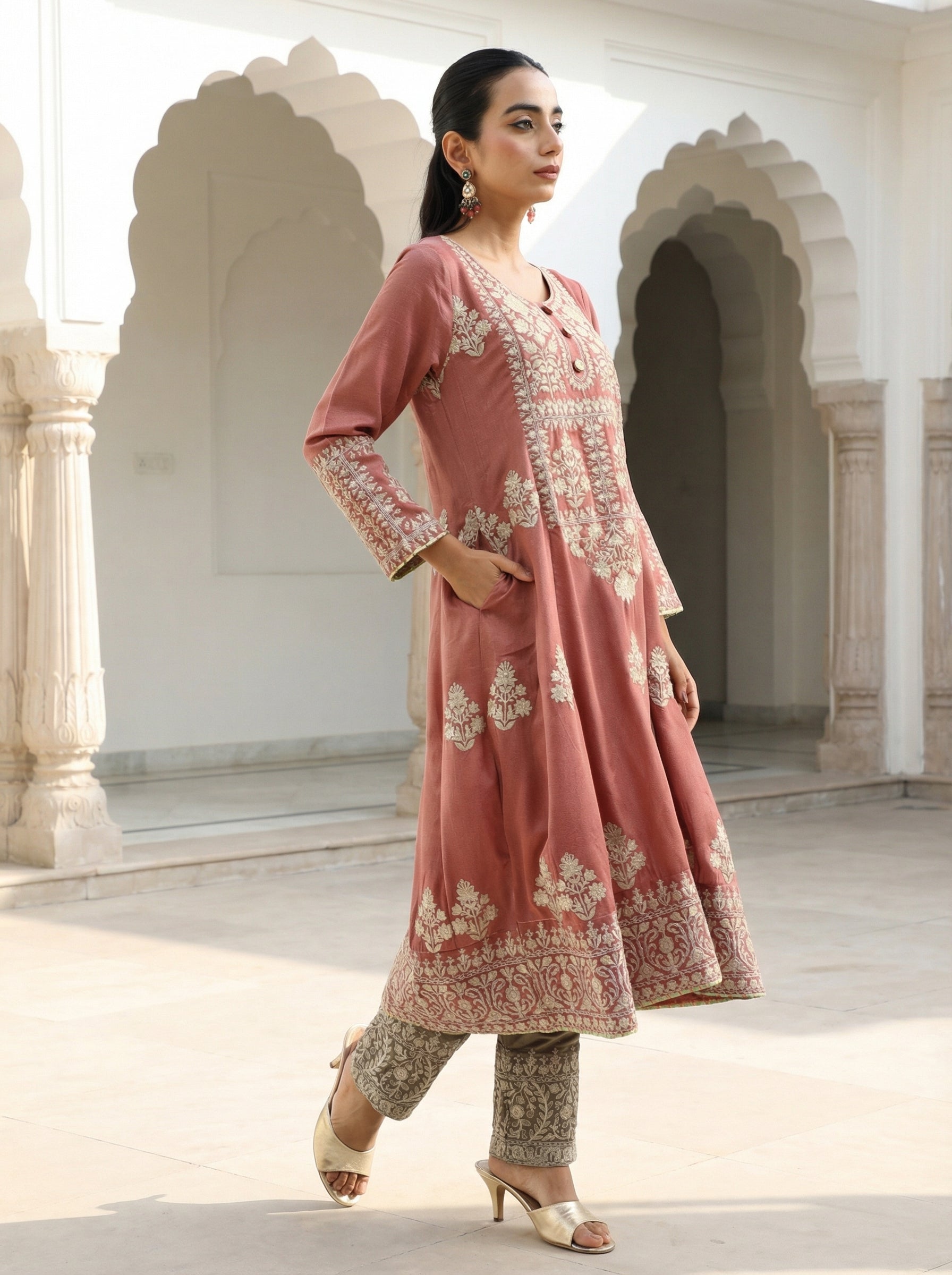 Rich Pink Vichitra Embroidered A Line Kurta Sets With Dupatta