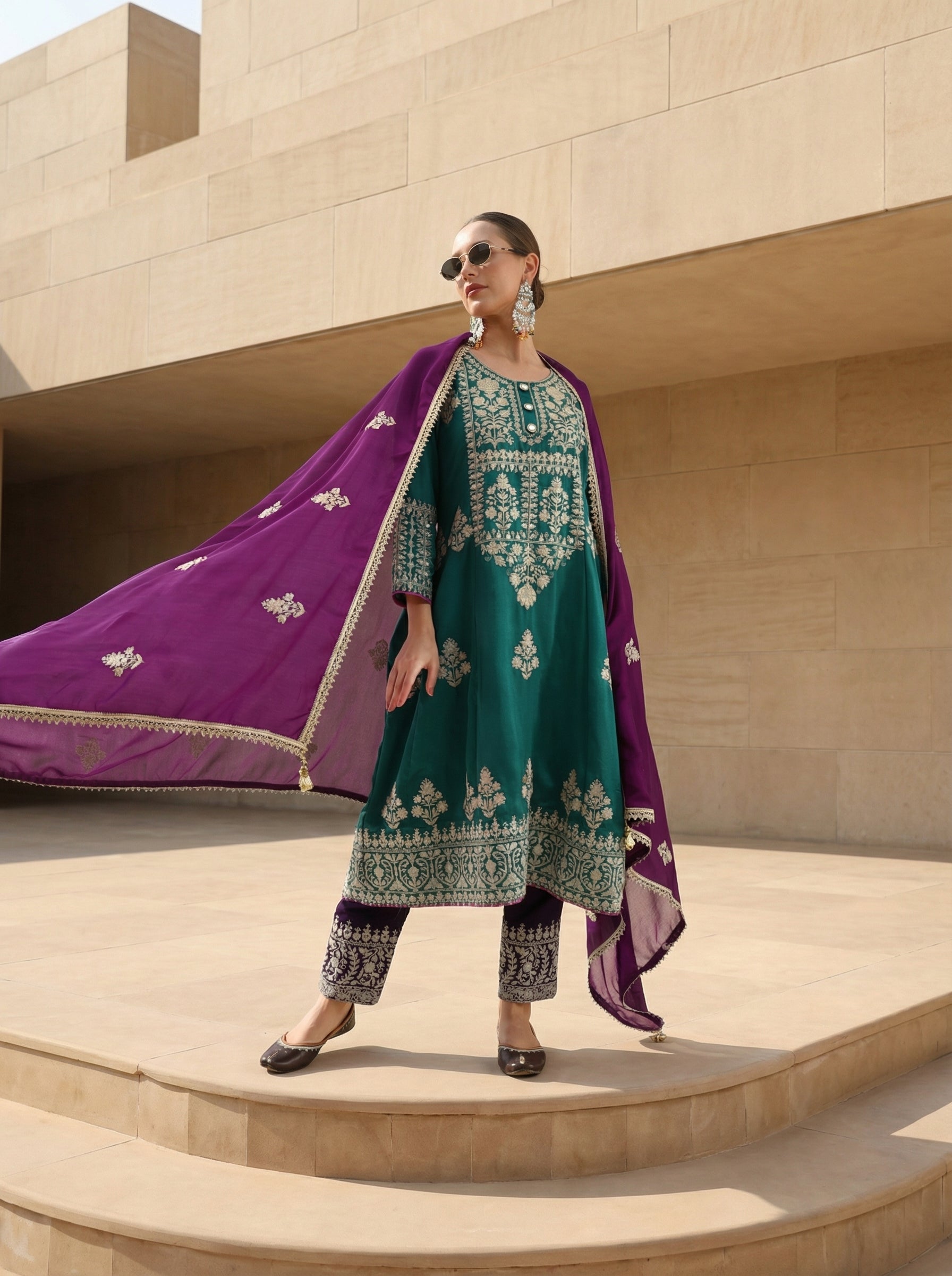 Rich Green Vichitra Embroidered A Line Kurta Sets With Dupatta