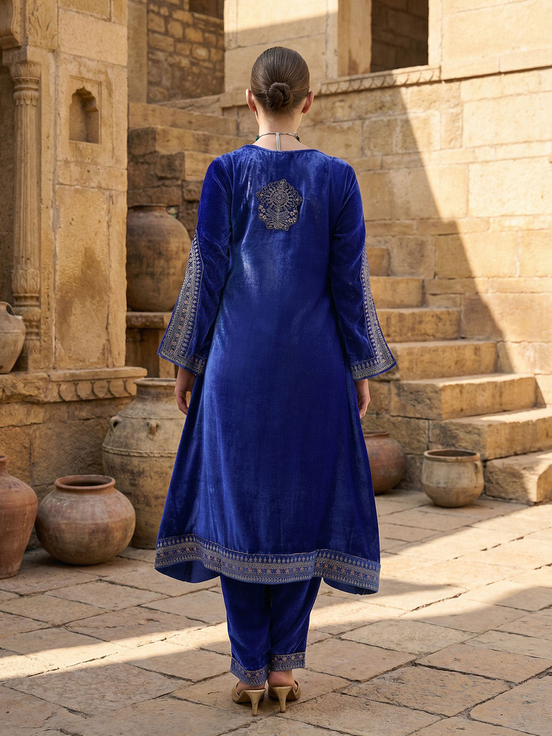 Rich Blue Embroidered A Line Kurta Sets In Velvet