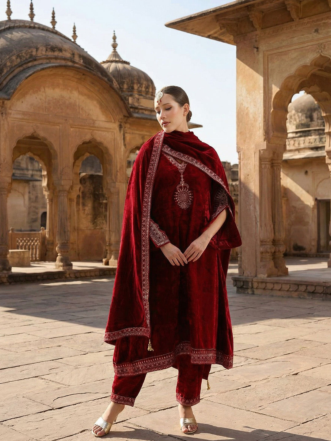 Rich Maroon Embroidered A Line Kurta Sets In Velvet