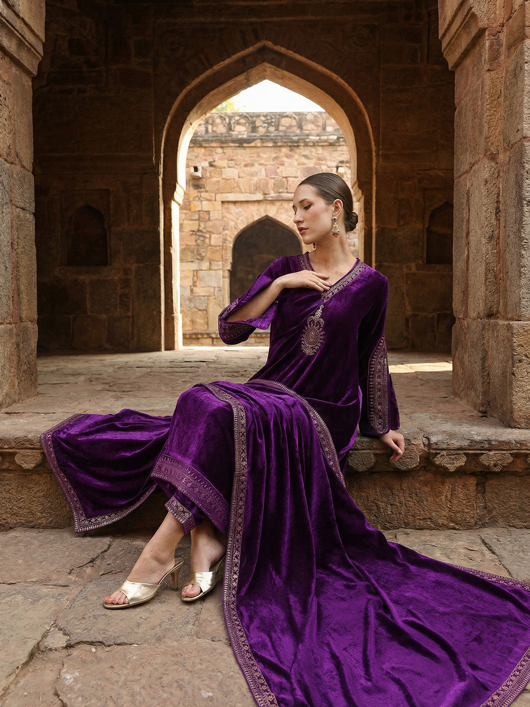 Rich Rust Embroidered A Line Kurta Sets In Velvet