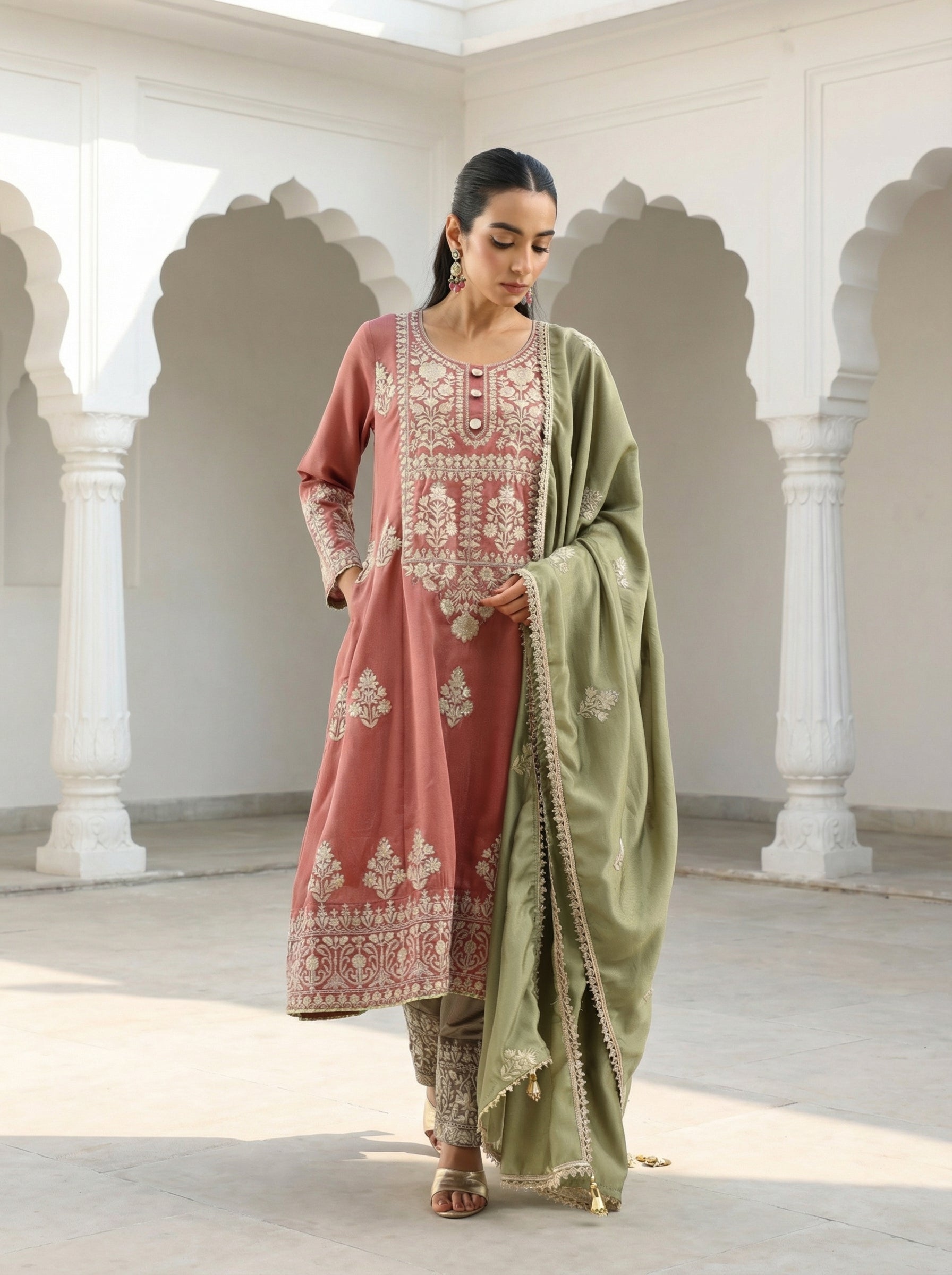 Rich Pink Vichitra Embroidered A Line Kurta Sets With Dupatta