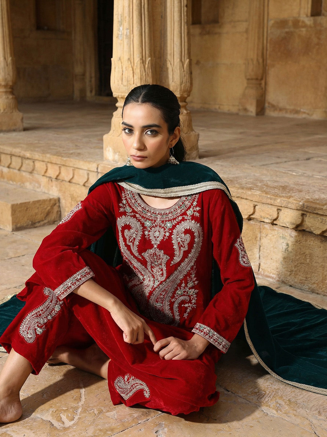 Rich Maroon Embroidered A-Line Kurta Sets In Velvet