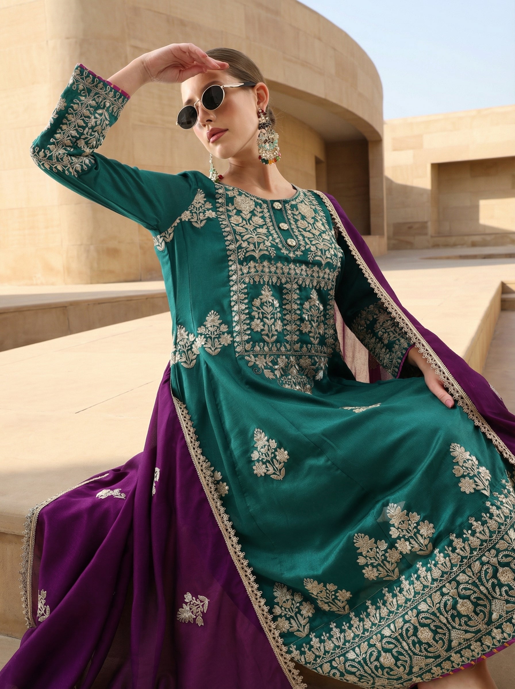 Rich Green Vichitra Embroidered A Line Kurta Sets With Dupatta