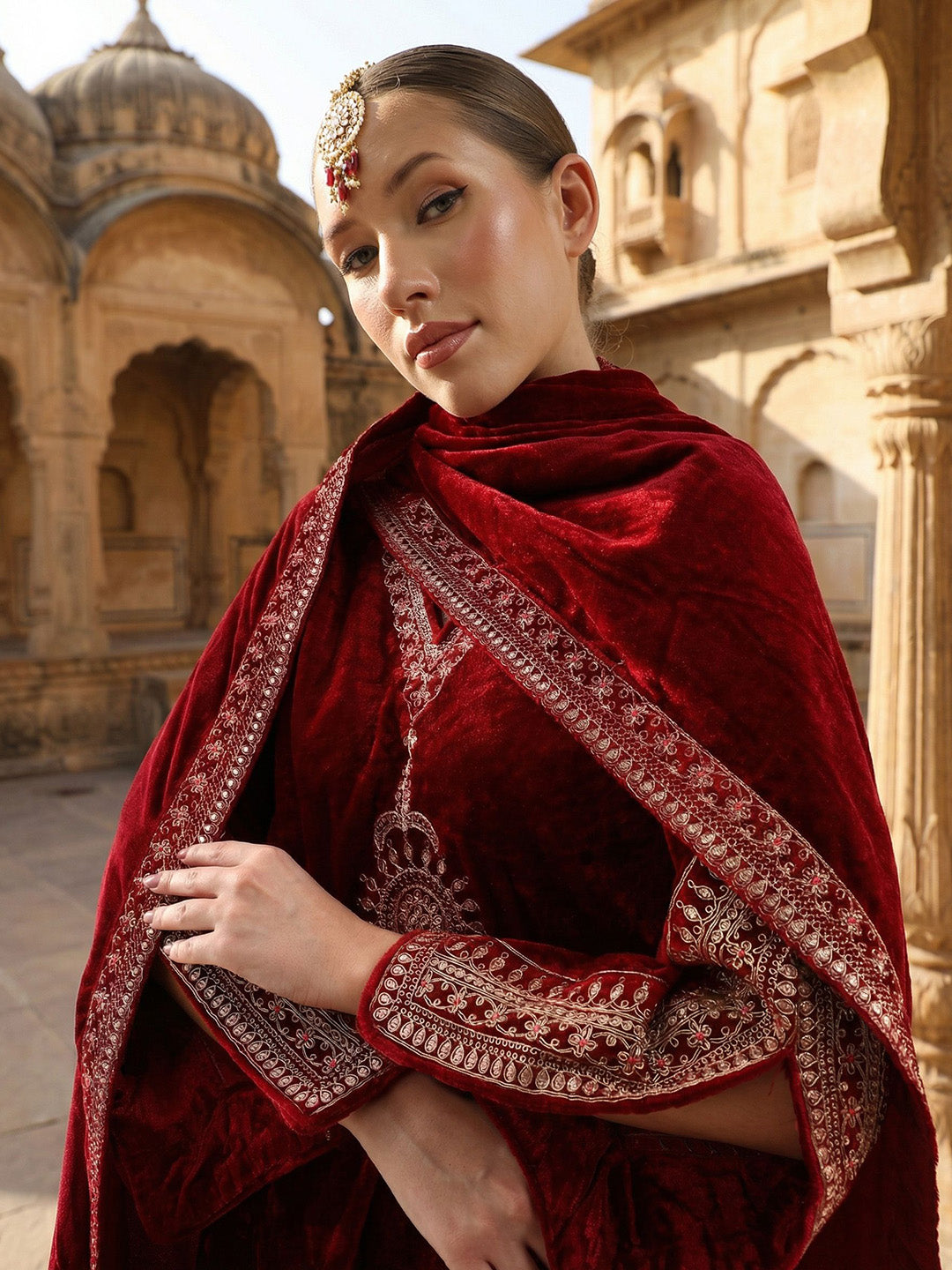 Rich Maroon Embroidered A Line Kurta Sets In Velvet