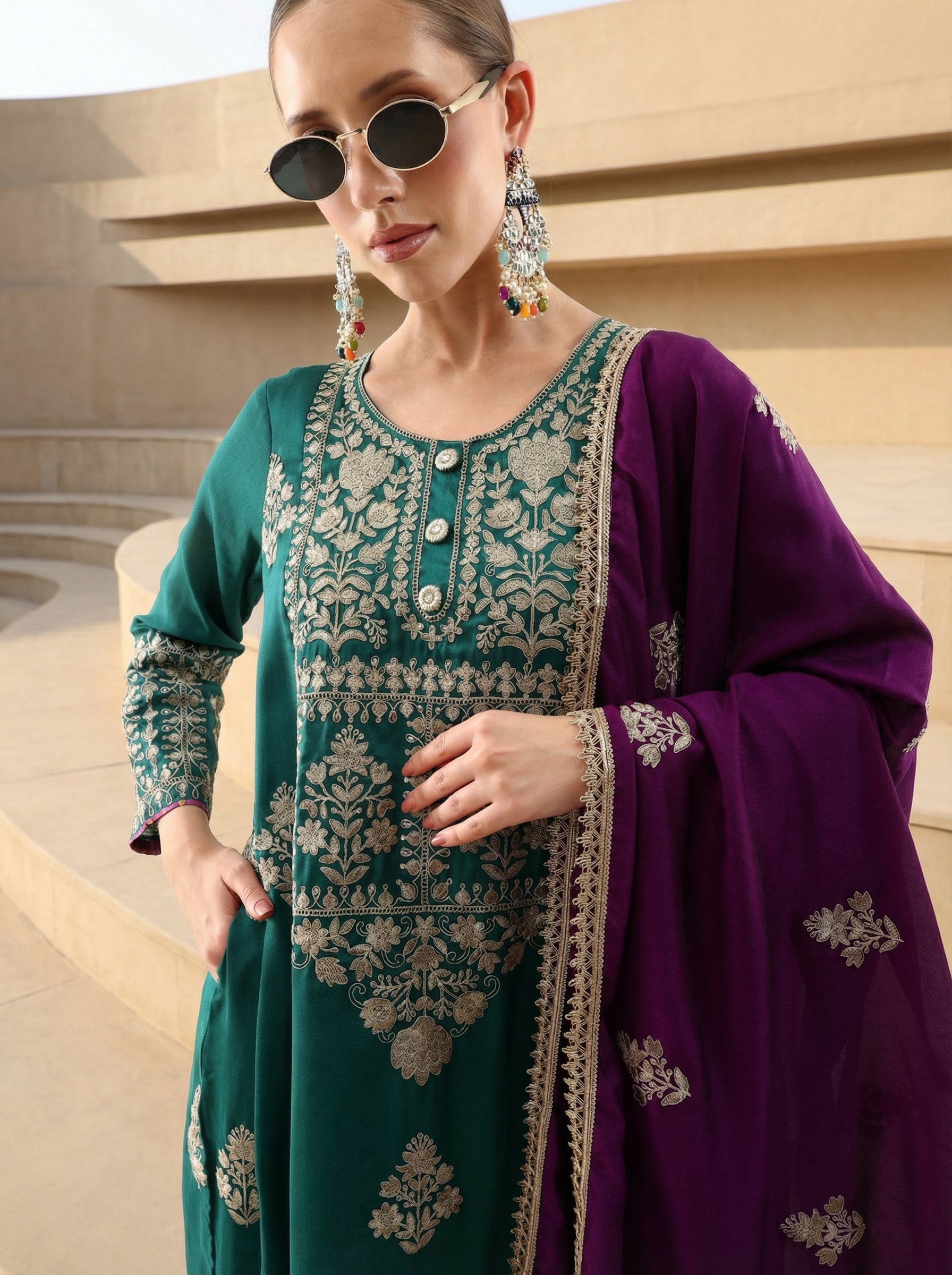 Rich Green Vichitra Embroidered A Line Kurta Sets With Dupatta
