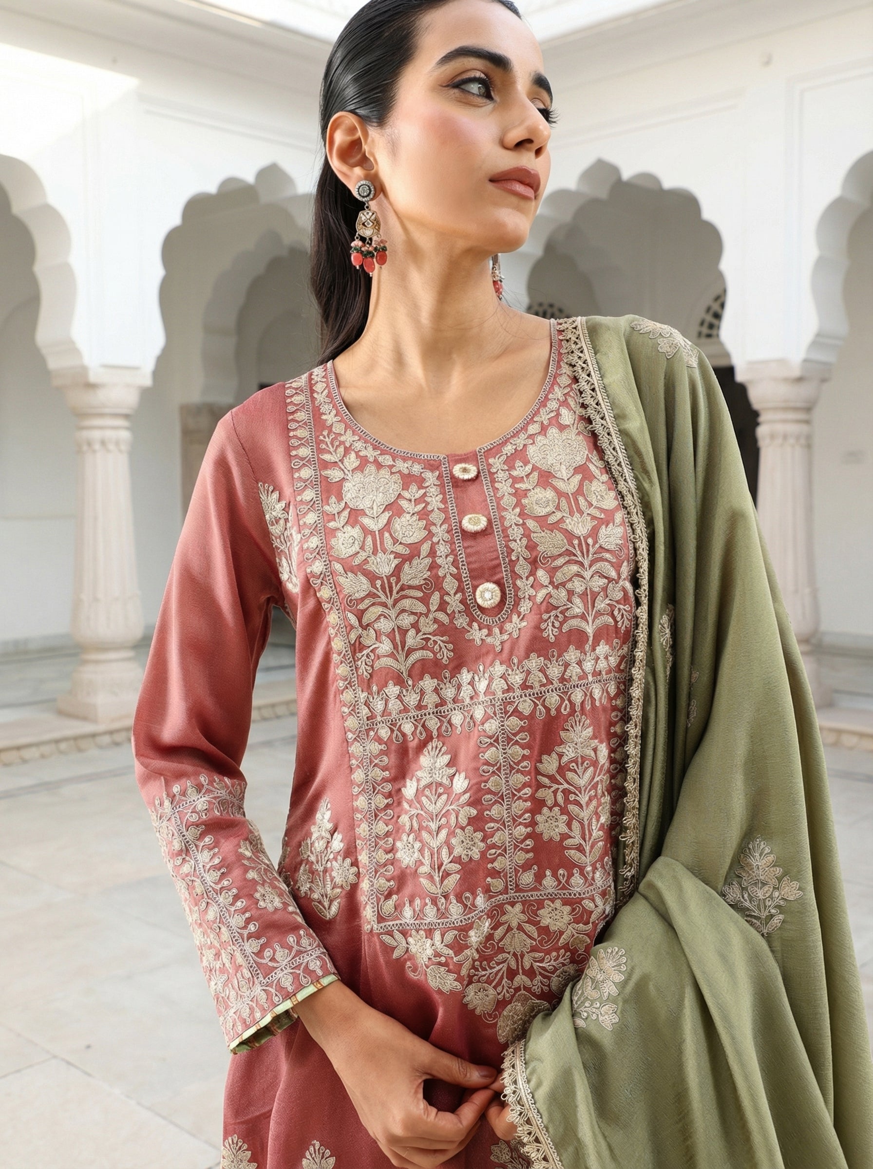 Rich Pink Vichitra Embroidered A Line Kurta Sets With Dupatta
