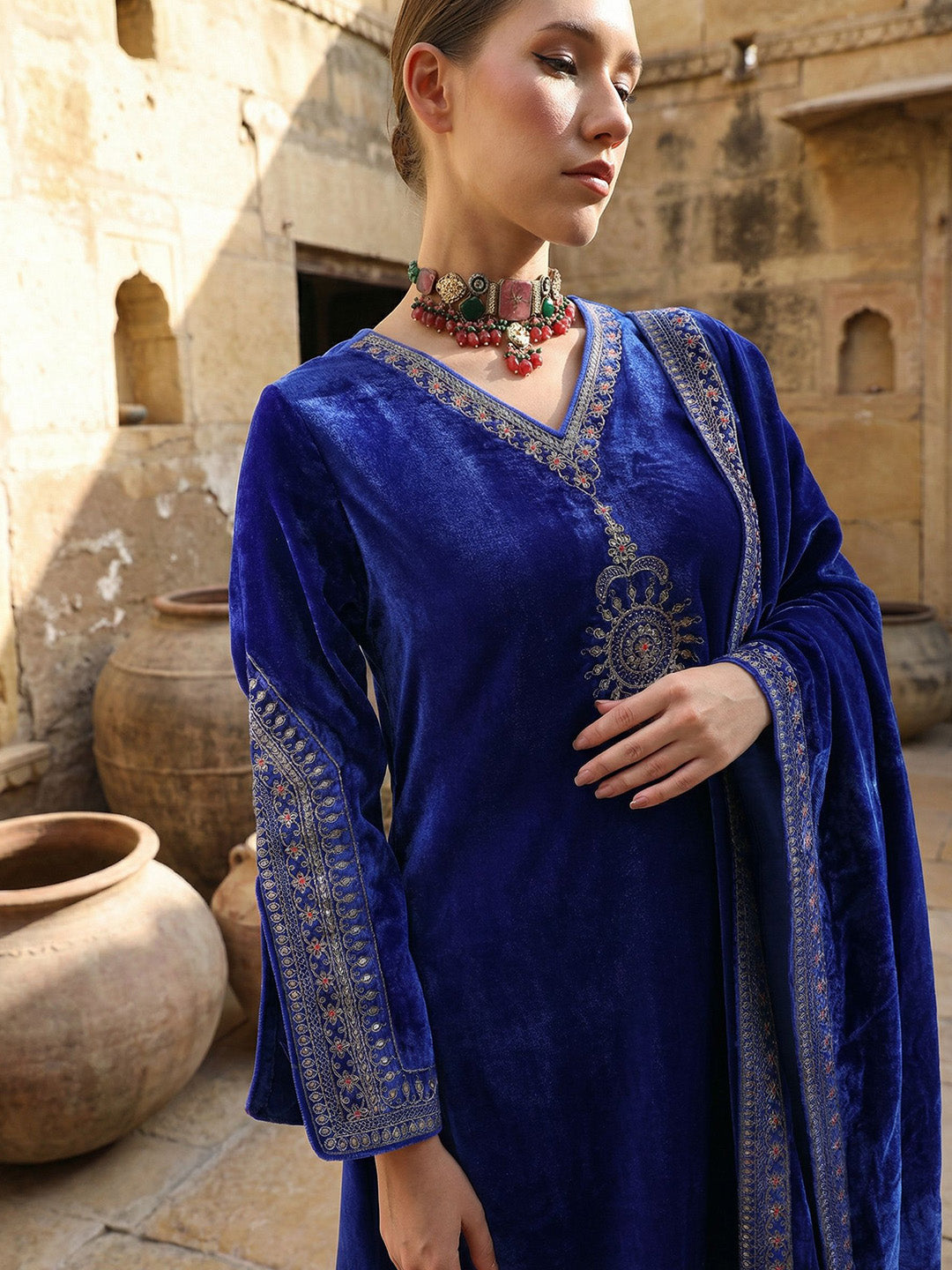 Rich Blue Embroidered A Line Kurta Sets In Velvet