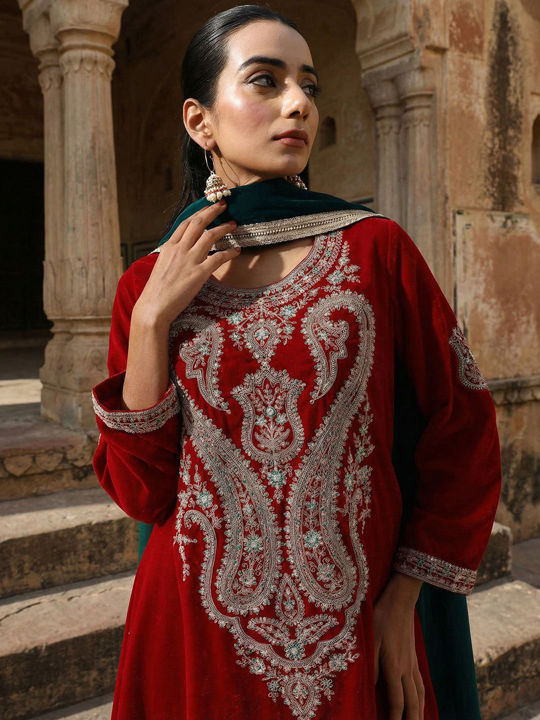 Rich Maroon Embroidered A-Line Kurta Sets In Velvet