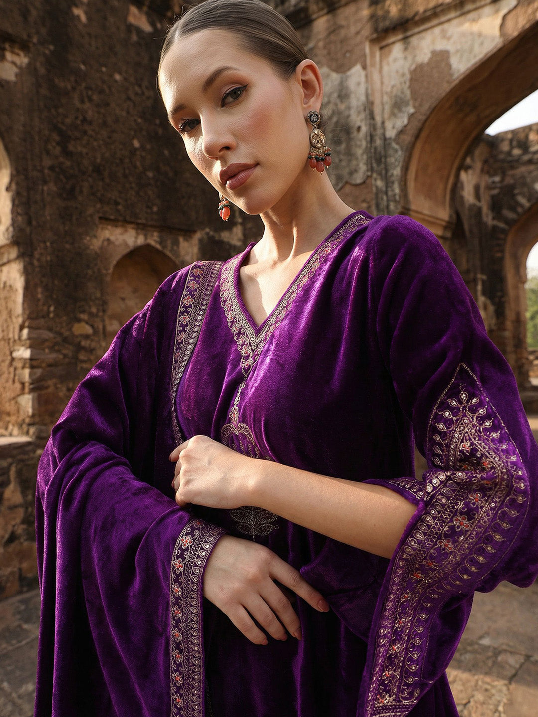 Rich Rust Embroidered A Line Kurta Sets In Velvet