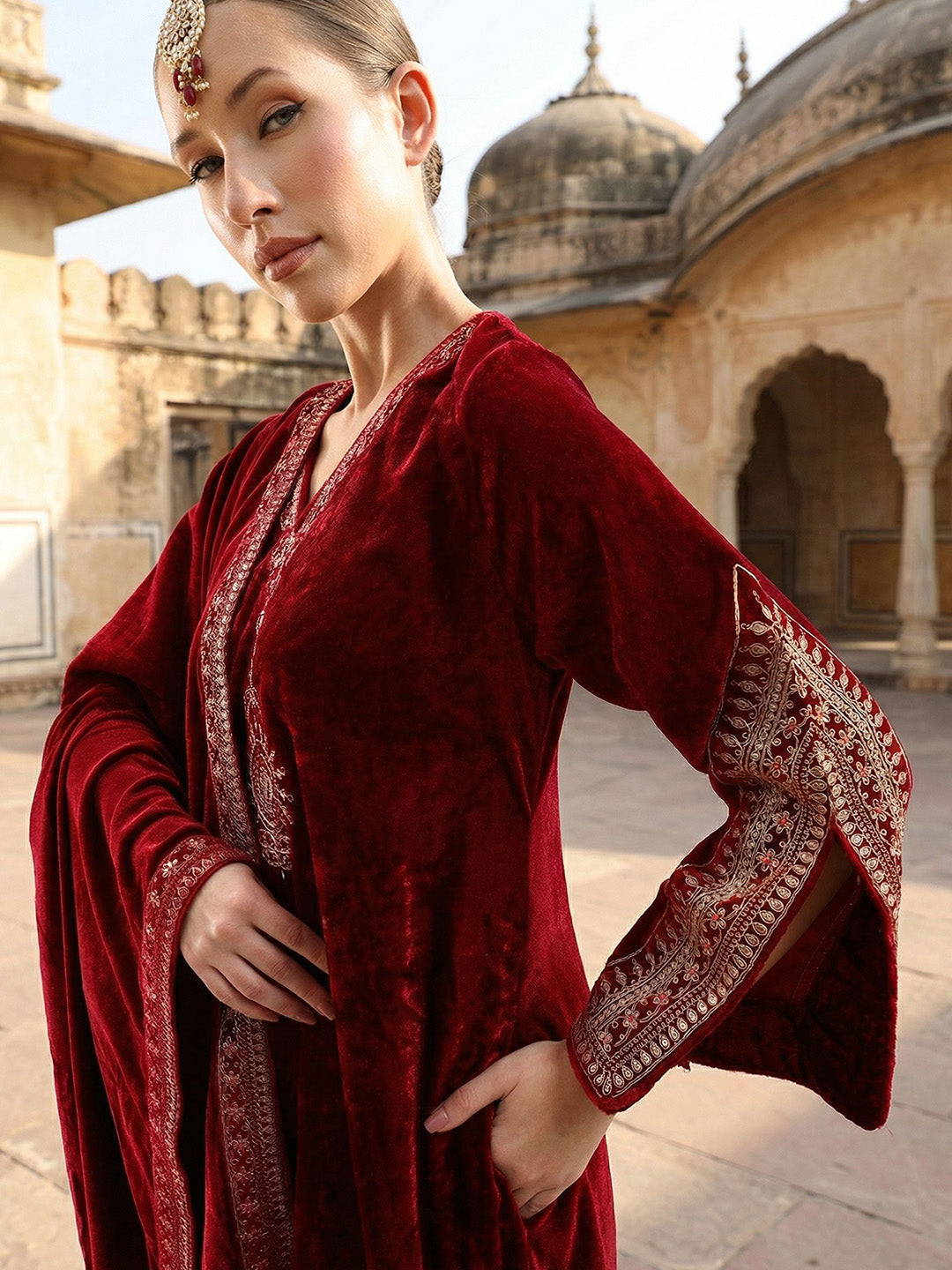 Rich Maroon Embroidered A Line Kurta Sets In Velvet