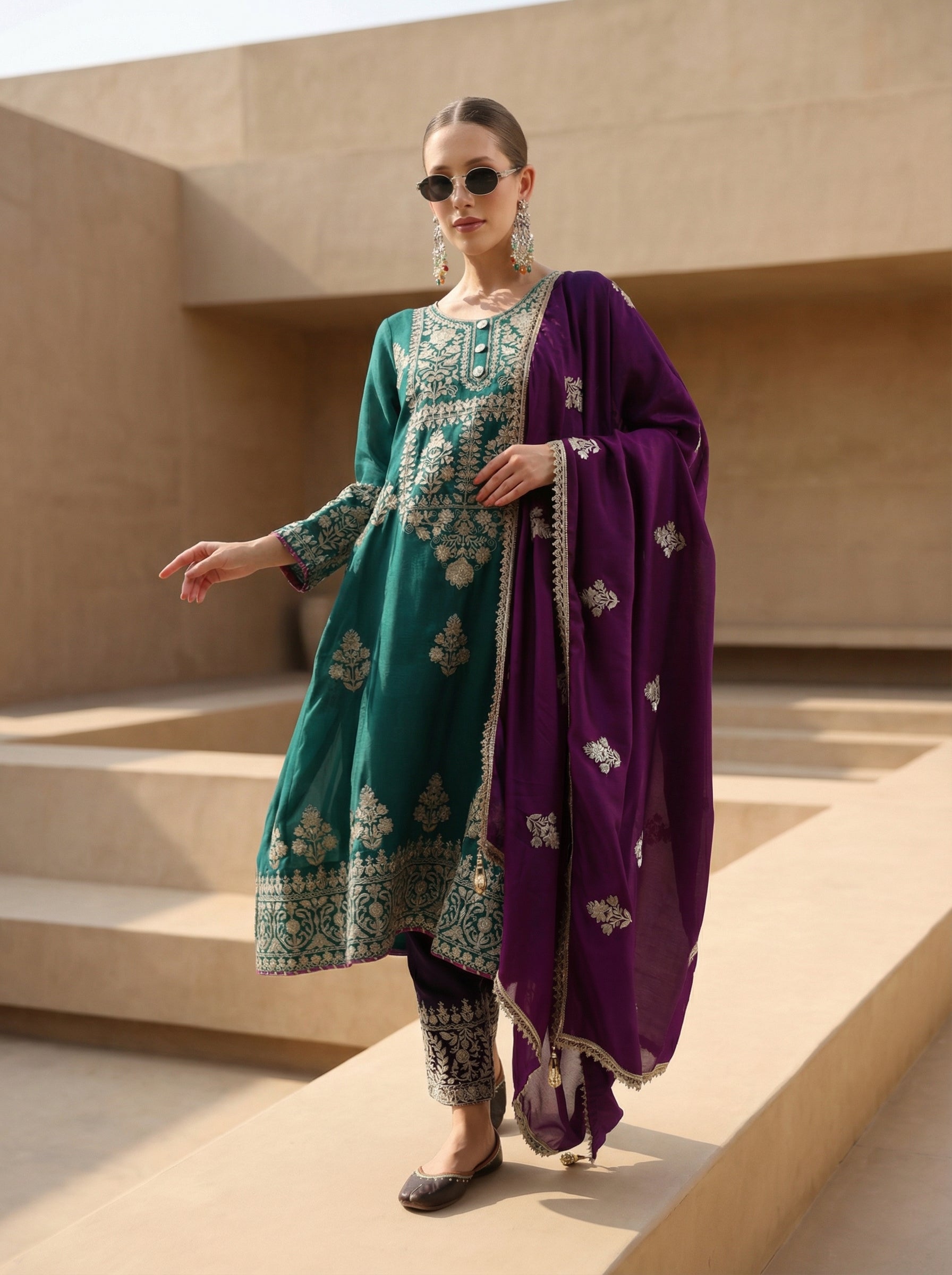 Rich Green Vichitra Embroidered A Line Kurta Sets With Dupatta