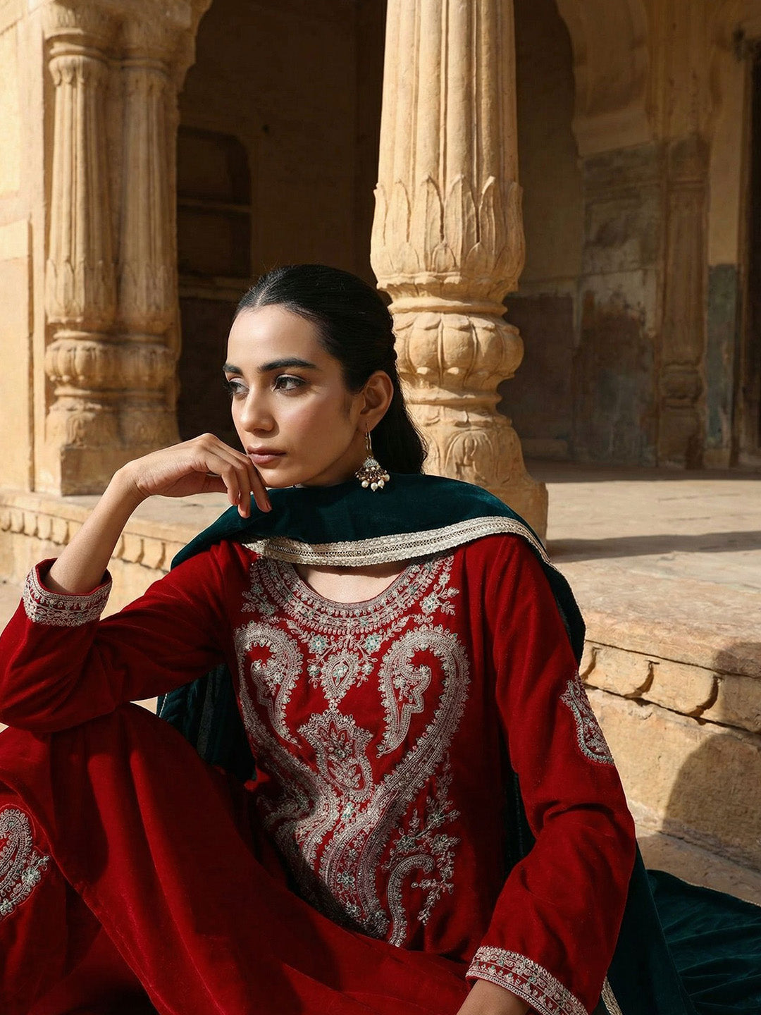 Rich Maroon Embroidered A-Line Kurta Sets In Velvet