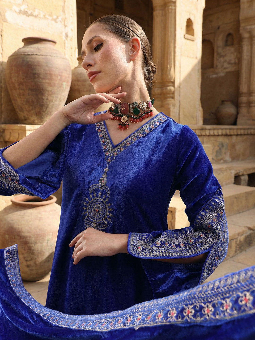 Rich Blue Embroidered A Line Kurta Sets In Velvet