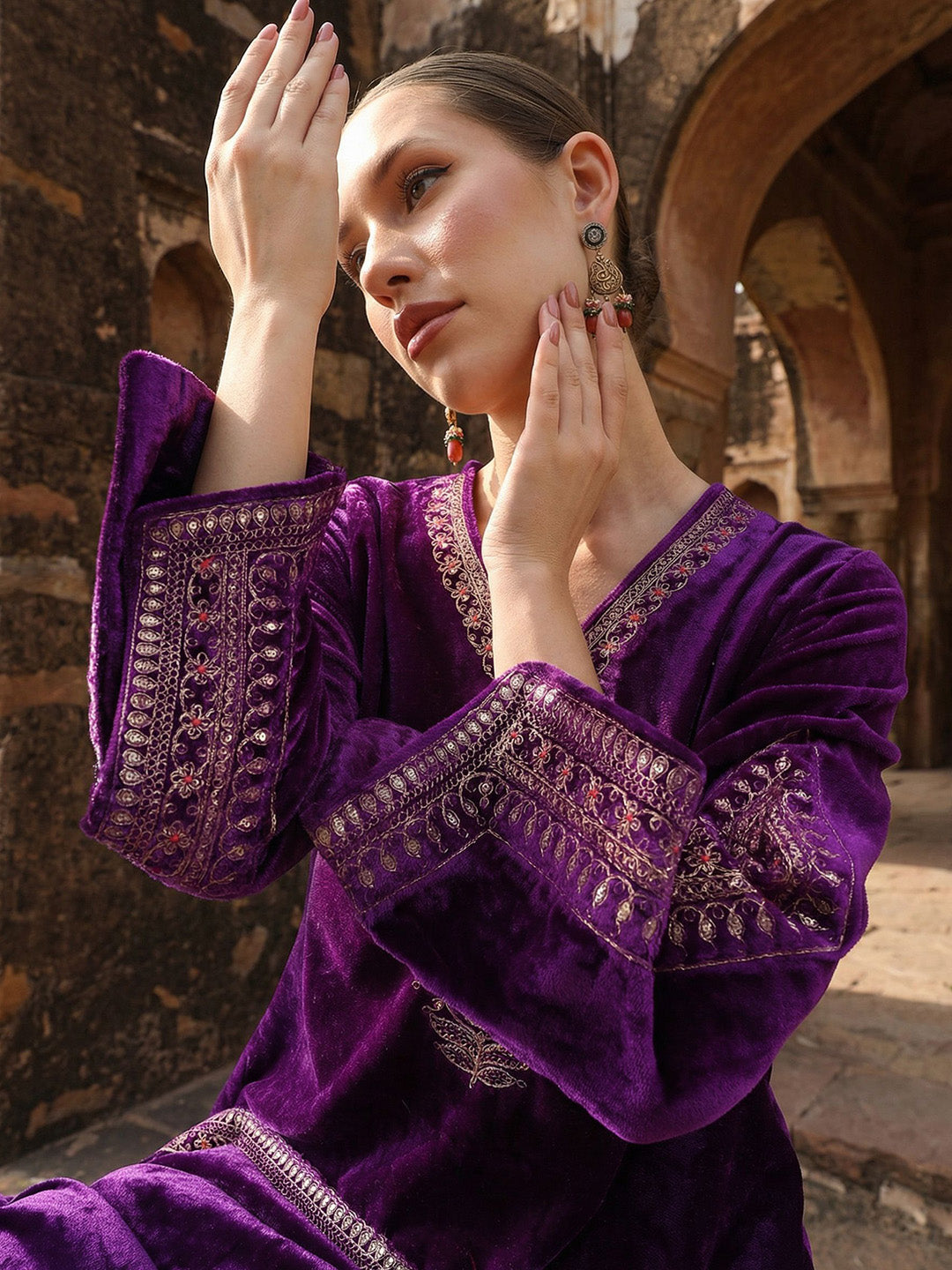 Rich Rust Embroidered A Line Kurta Sets In Velvet