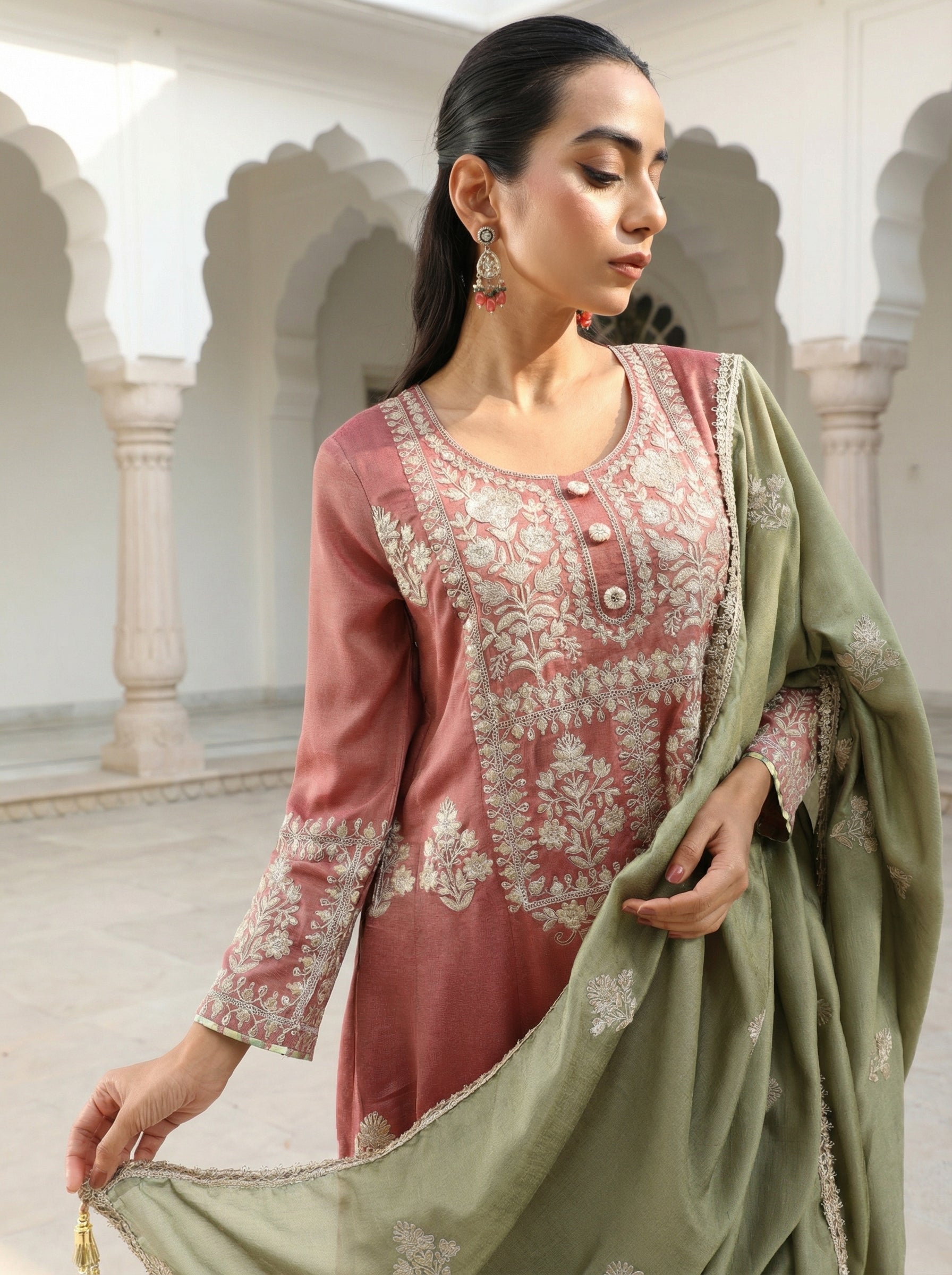 Rich Pink Vichitra Embroidered A Line Kurta Sets With Dupatta