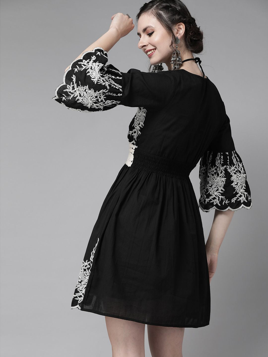 Comfy Black Cotton Embroidered Fit & Flare Dress With Bell Sleeves And Scalloped Hemline