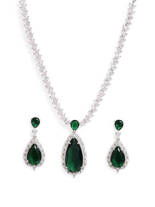 Ishin Green  Colour Silver Plated American Diamond Jewellery Set