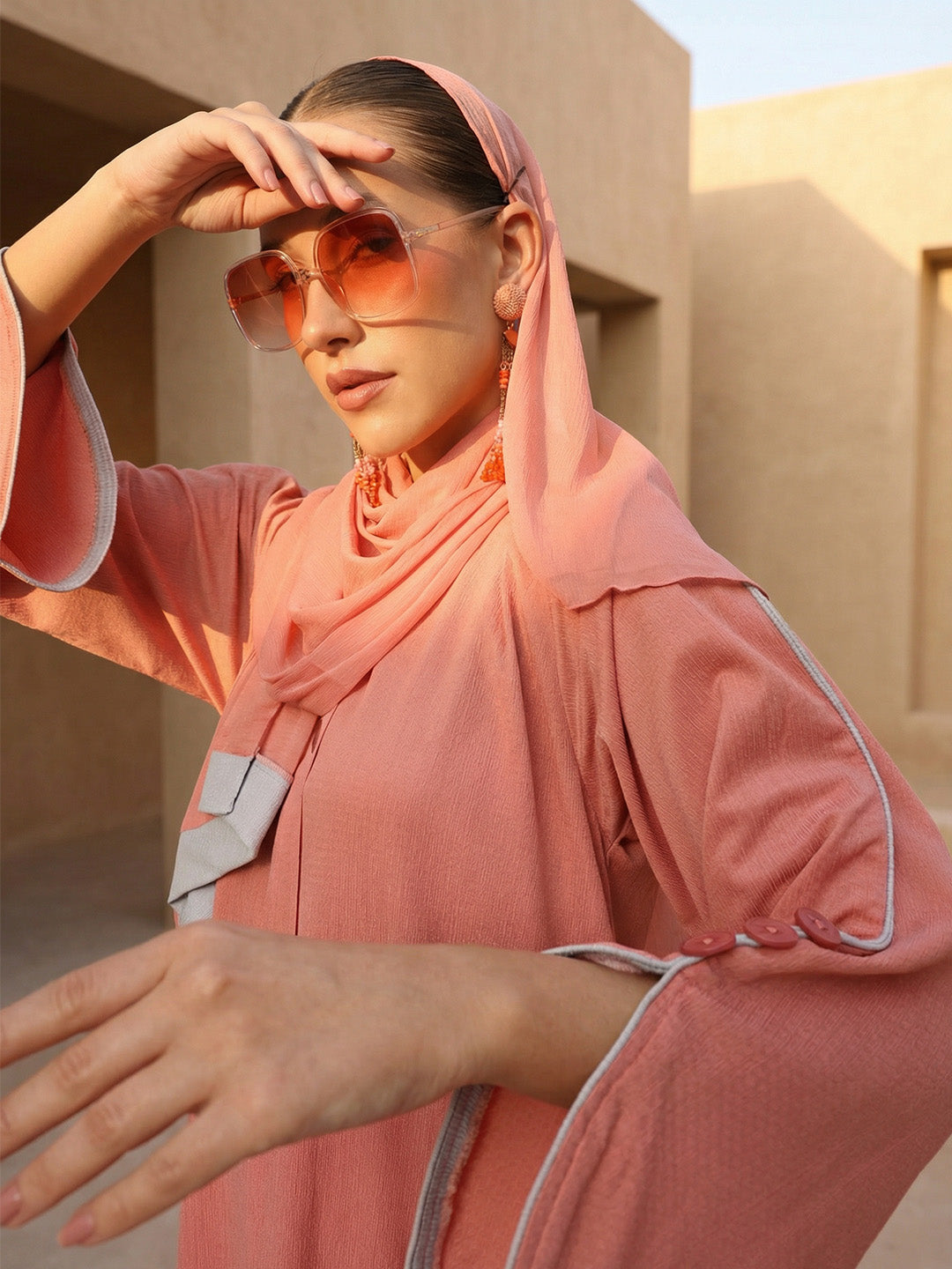 Rich Peach Relaxed Abaya With Hijab