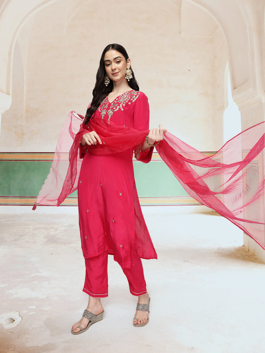 Graceful Pink Chinon Zari Embroidered Straight Fit  Kurta Set with scallop detailed dupatta