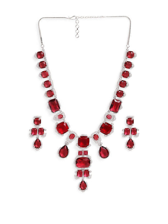 Ishin Red  Colour Silver Plated American Diamond Jewellery Set