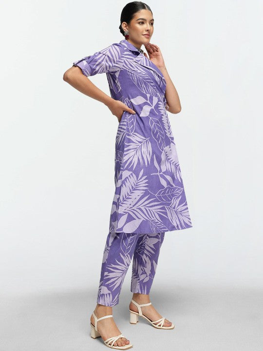 Comfy Purple Cotton Printed Regular Fit Co-Ords With Lapel Collar