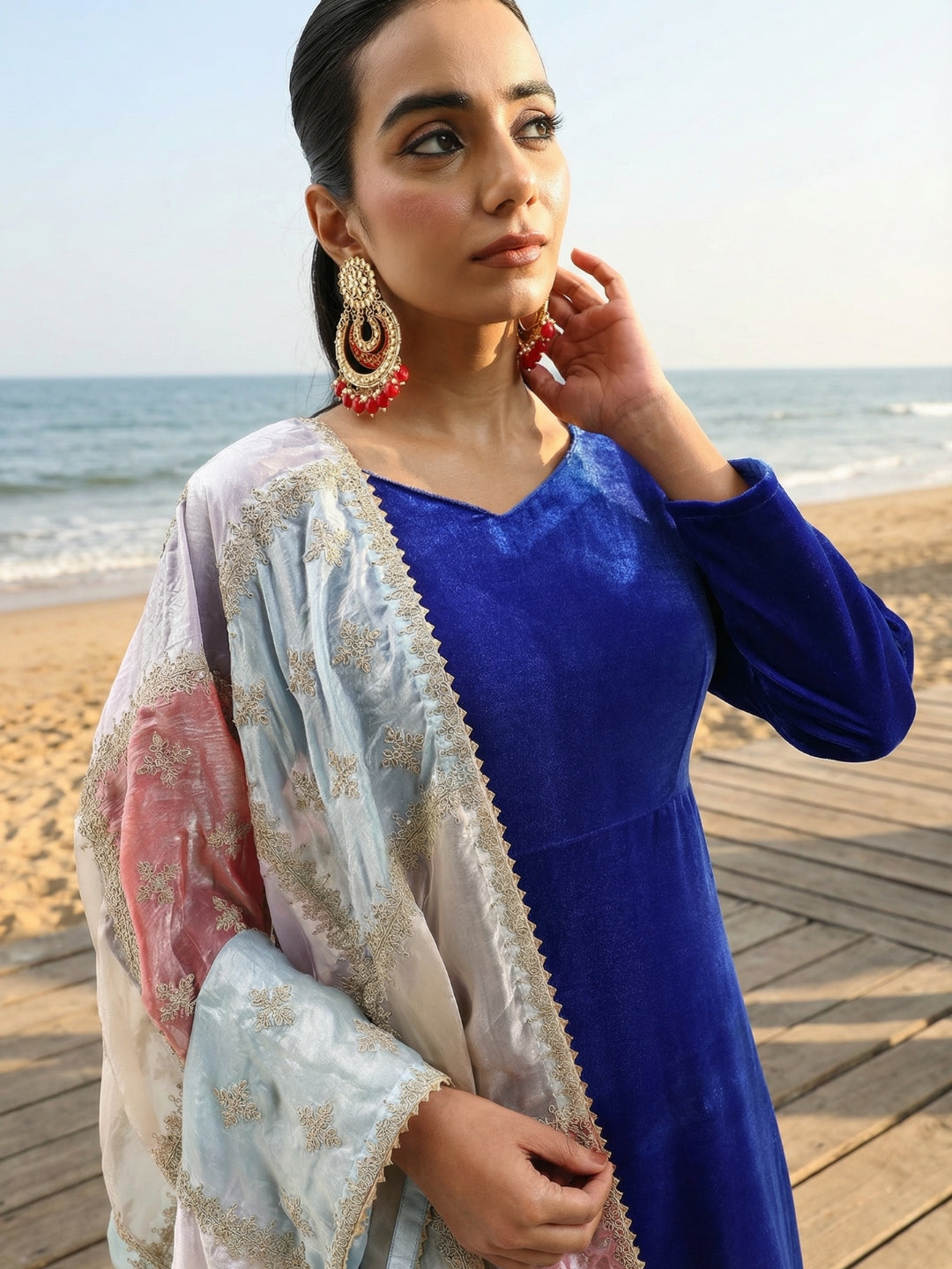 Rich Blue Organza Patchwork Embroidered Anarkali Kurta Set
