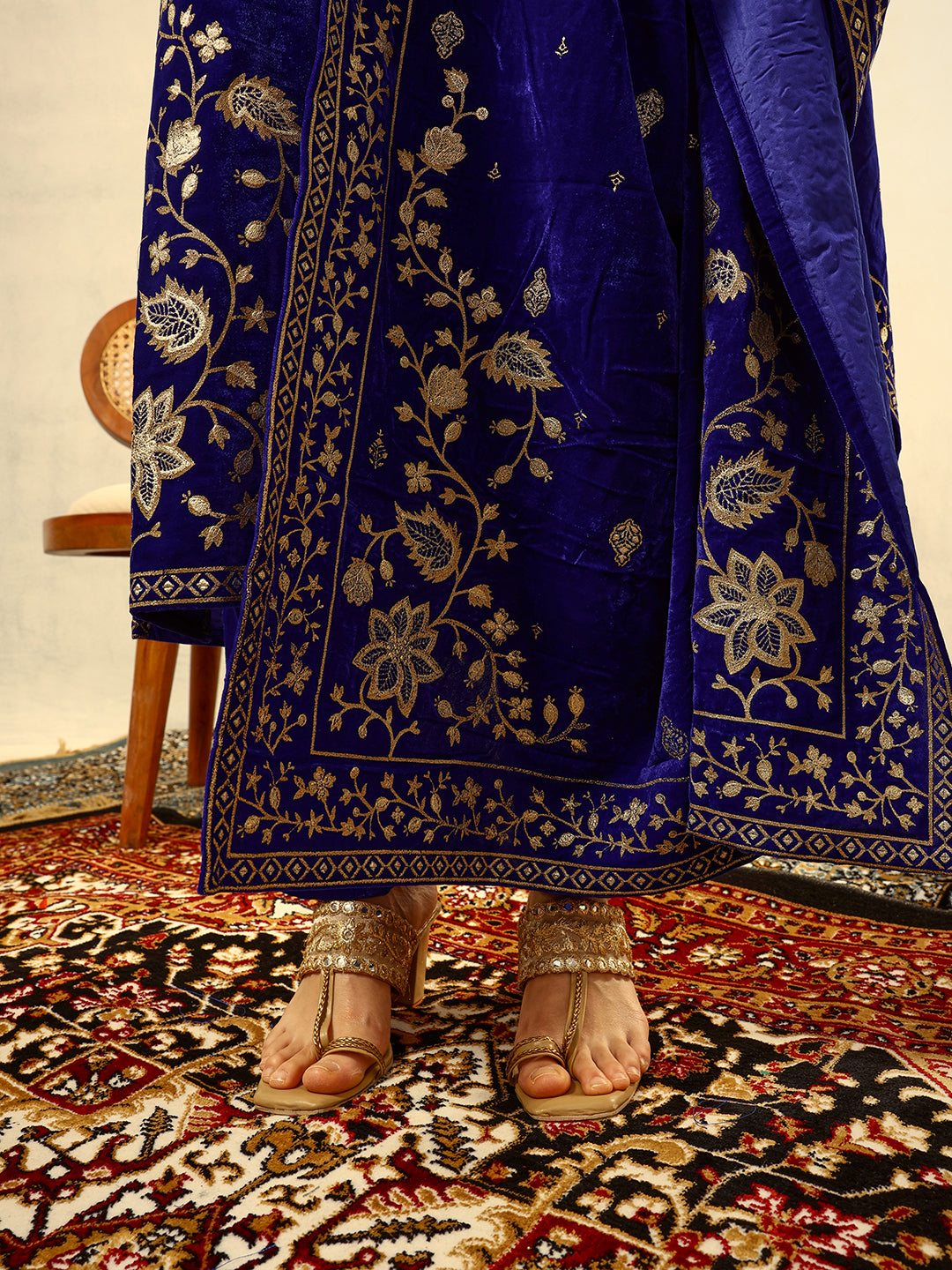 Royal Blue Gold Print Festive Kurta with Trouser & Velvet Dupatta