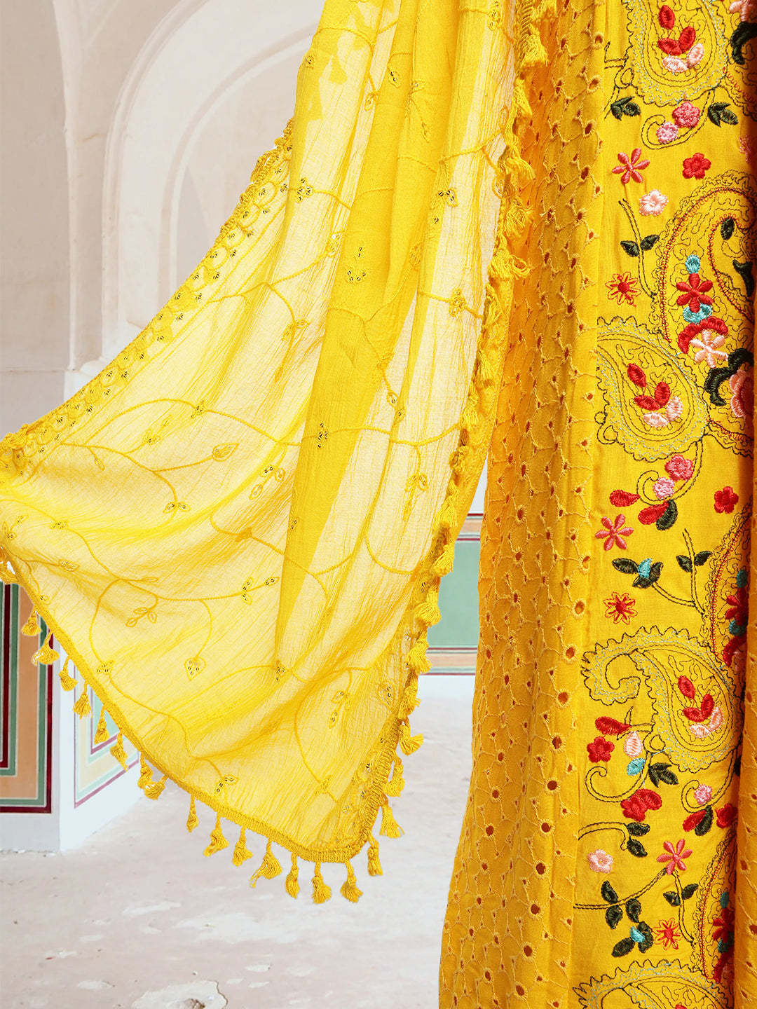 Graceful Yellow Rayon Schiffli Embroidered A-line Kurta Set with dupatta