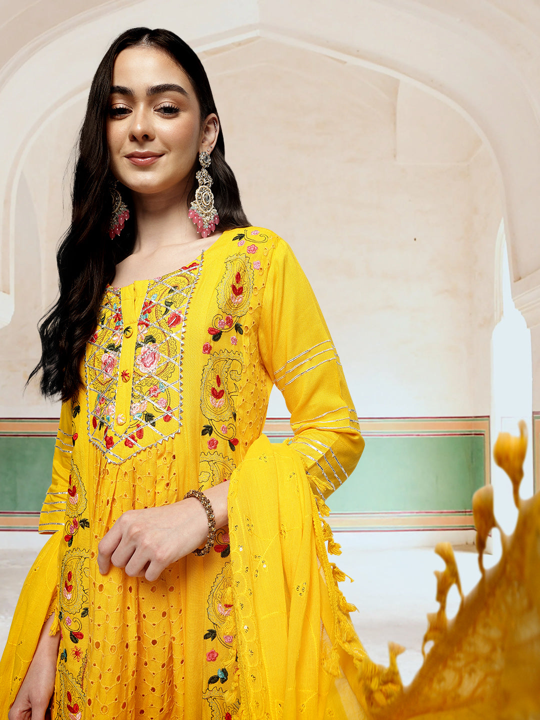 Graceful Yellow Rayon Schiffli Embroidered A-line Kurta Set with dupatta