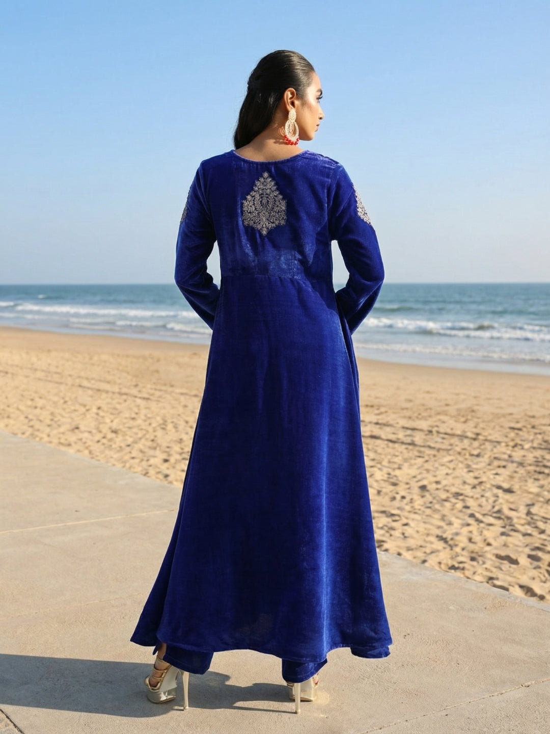 Rich Blue Organza Patchwork Embroidered Anarkali Kurta Set