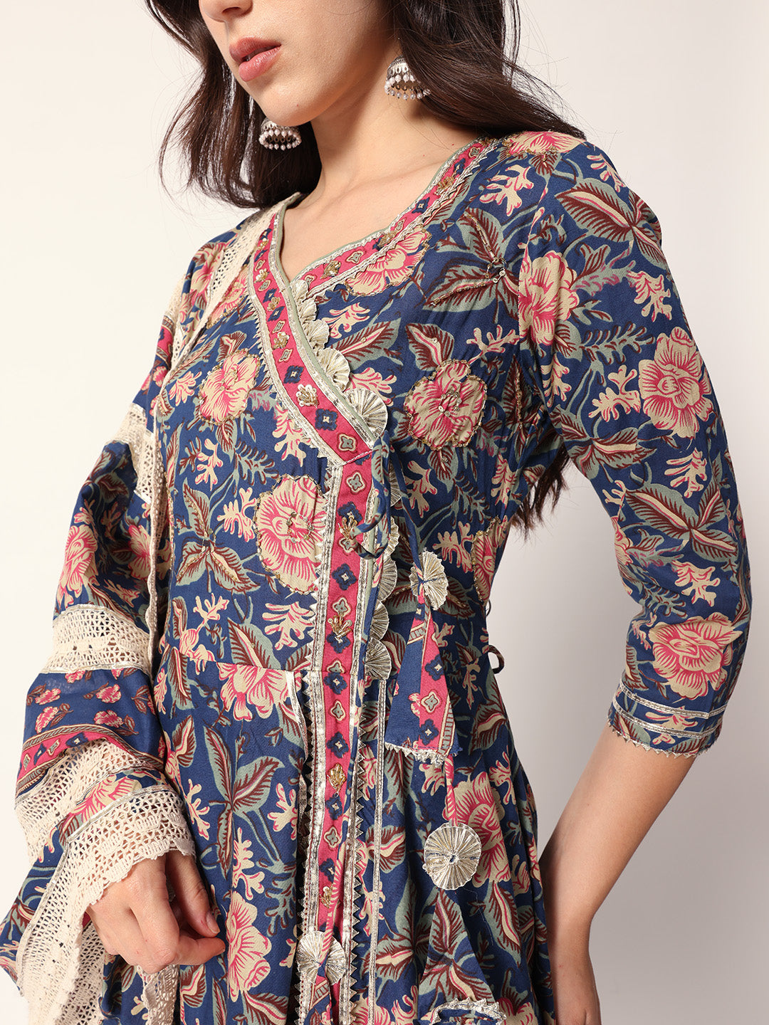 Graceful Blue cotton floral printed angrakha fit kurta set with dupatta