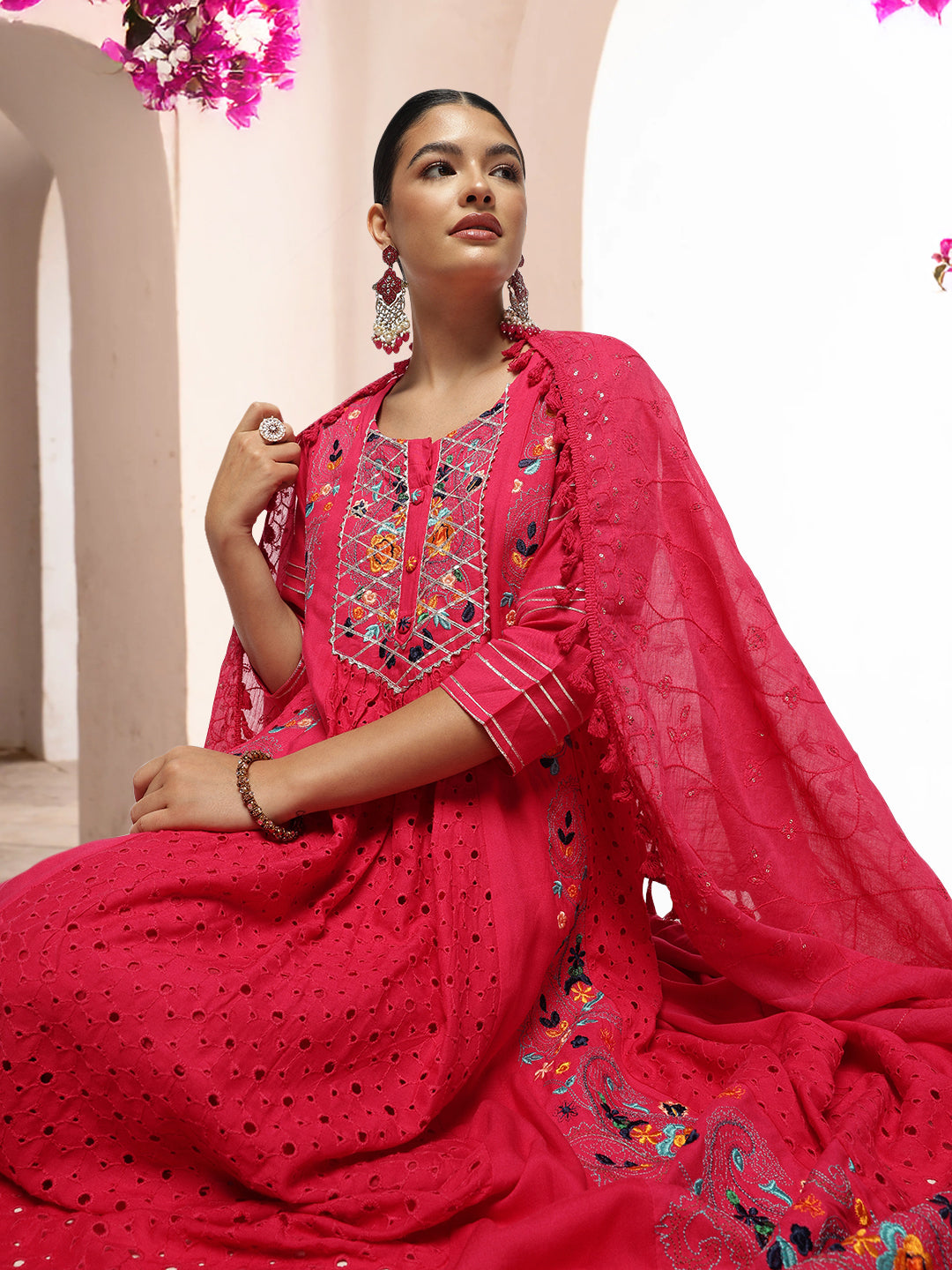 Graceful Pink  Rayon Schiffli Embroidered A-line Kurta Set with dupatta