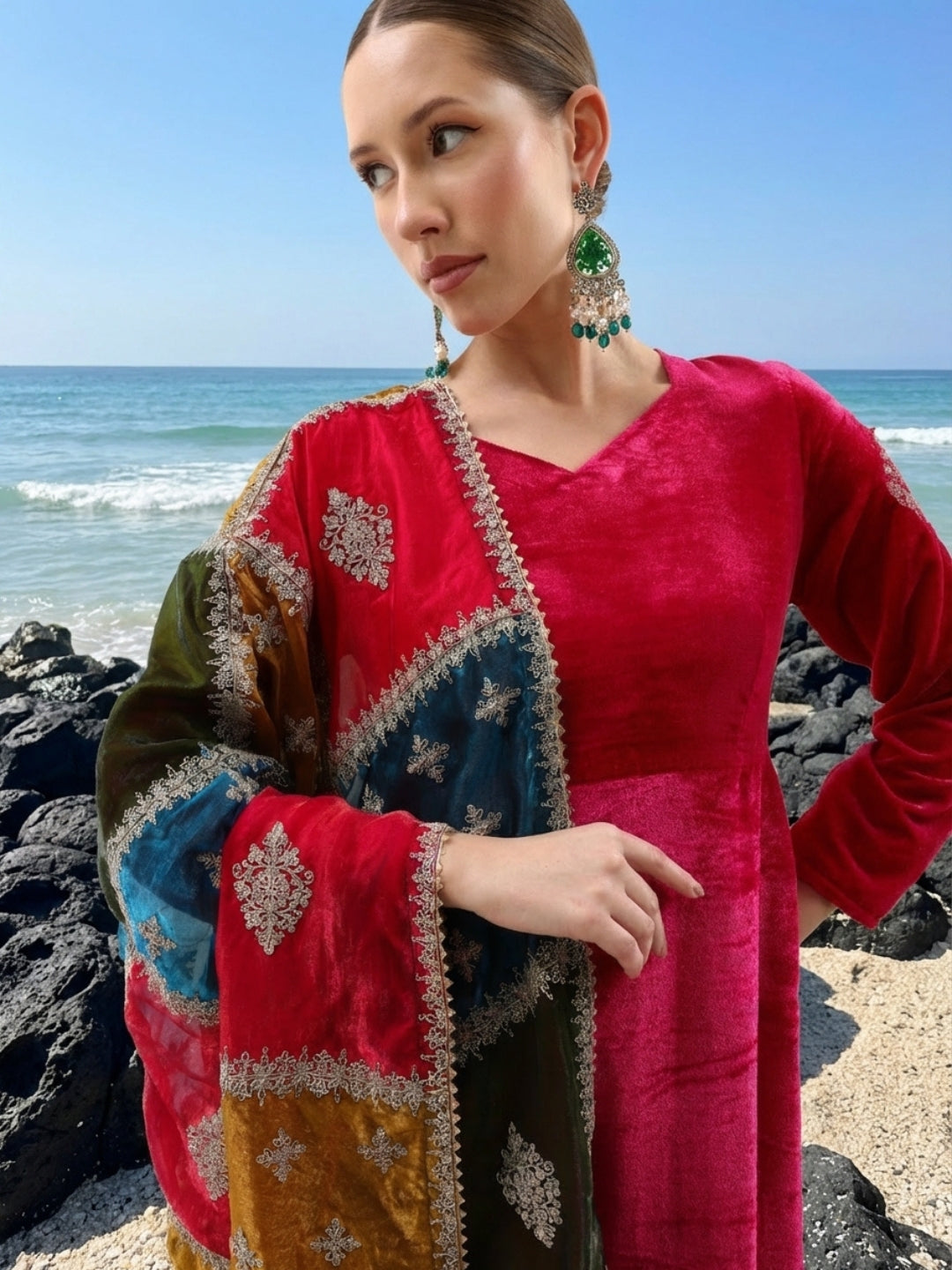 Rich Pink Organza Patchwork Embroidered Anarkali Kurta Set