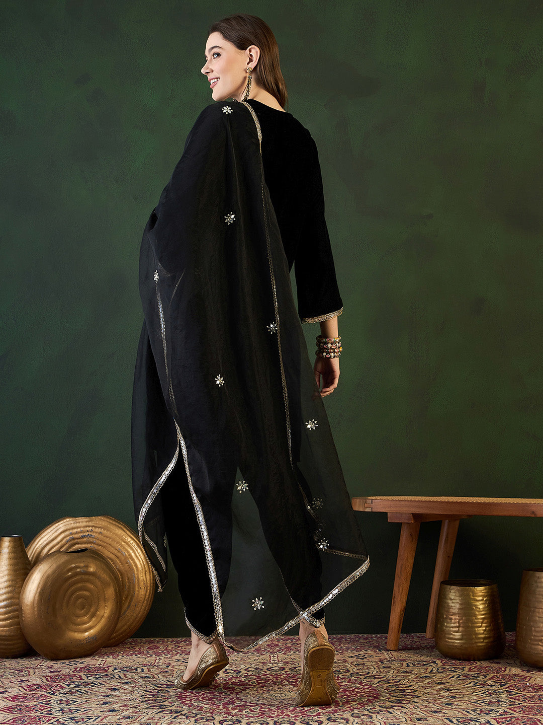 Rich Black Velvet Zari Embroidery Straight fit kurta set paired with dothi and dupatta