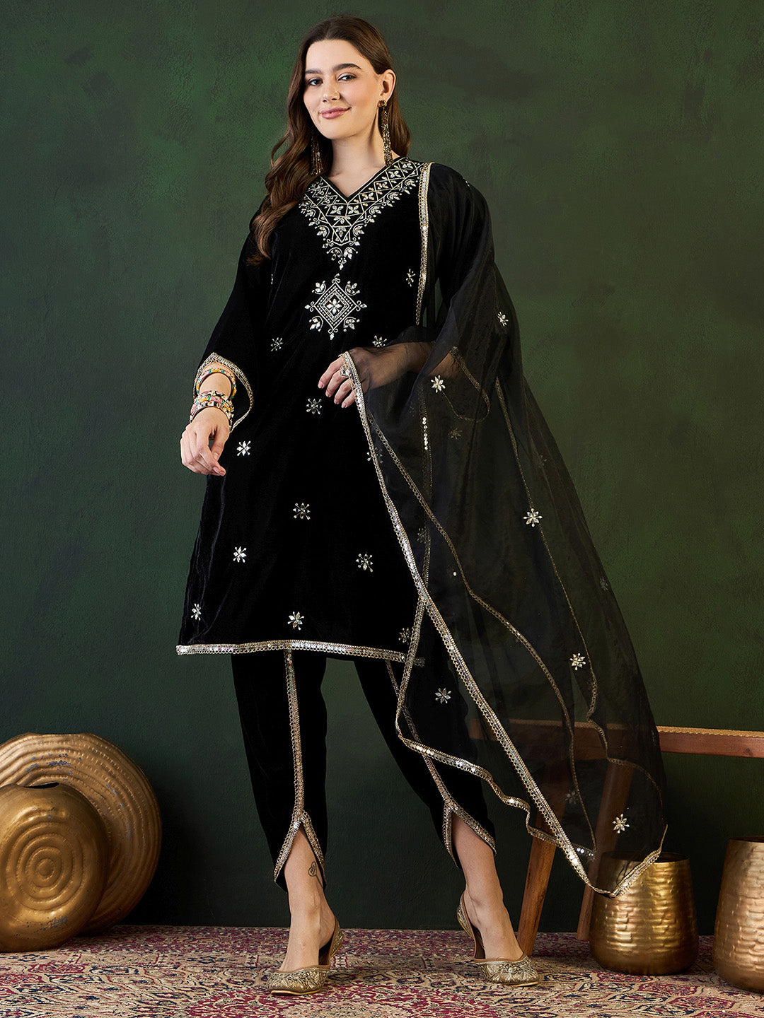 Rich Black Velvet Zari Embroidery Straight fit kurta set paired with dothi and dupatta