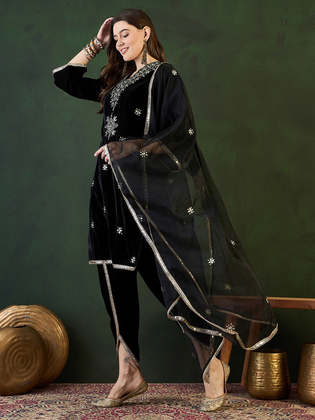 Rich Black Velvet Zari Embroidery Straight fit kurta set paired with dothi and dupatta