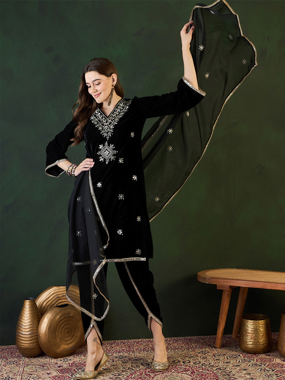 Rich Black Velvet Zari Embroidery Straight fit kurta set paired with dothi and dupatta