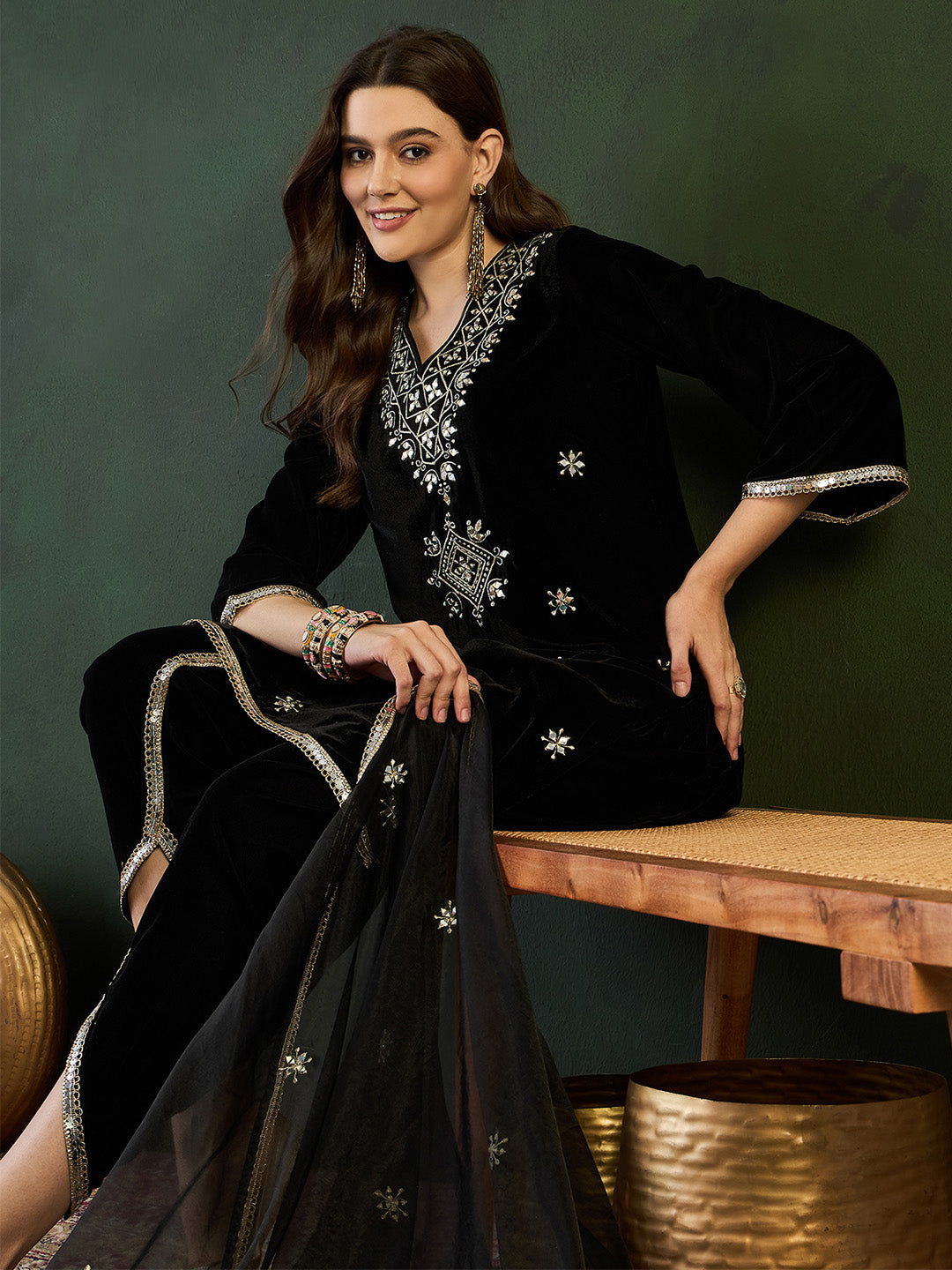 Rich Black Velvet Zari Embroidery Straight fit kurta set paired with dothi and dupatta