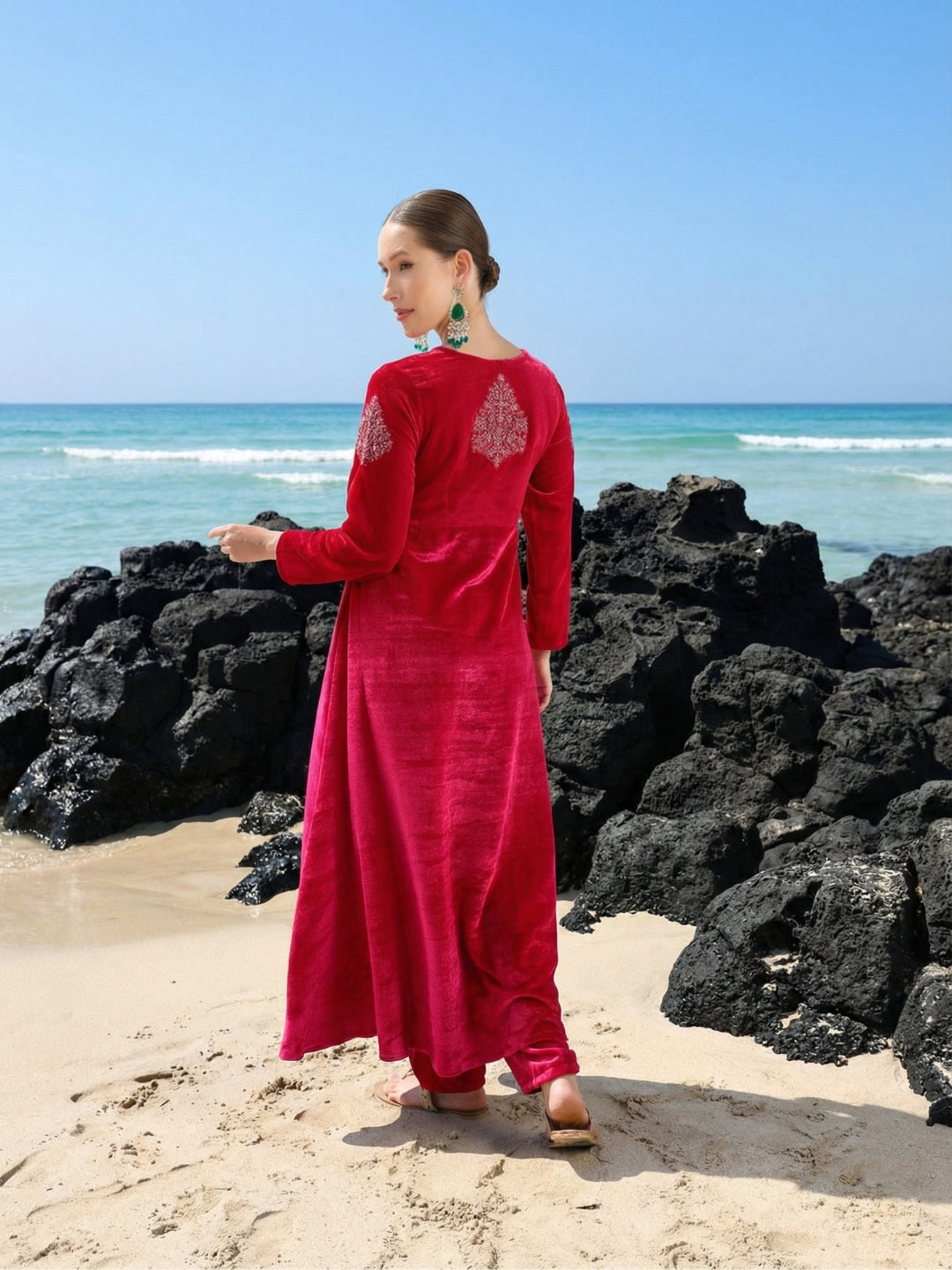 Rich Pink Organza Patchwork Embroidered Anarkali Kurta Set