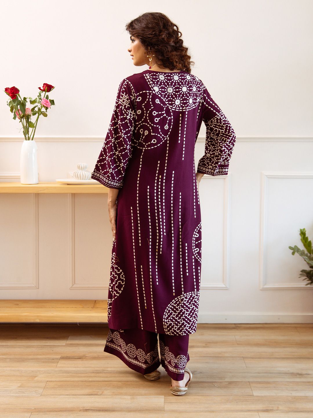 Comfy Wine Viscose Rayon Floral Printed A-Line Kurta Set With Palazzo Bottom