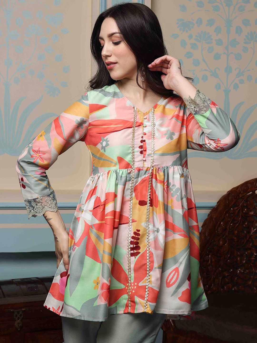 Soft Multi-Colored Poly Chanderi Floral Printed A-Line Kurta Set With Sharara Bottom