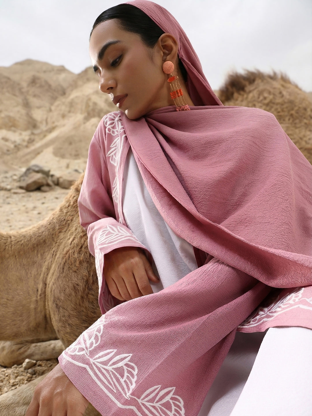 Rich Peach Relaxed Abaya with Hijab in Chinese Crepe