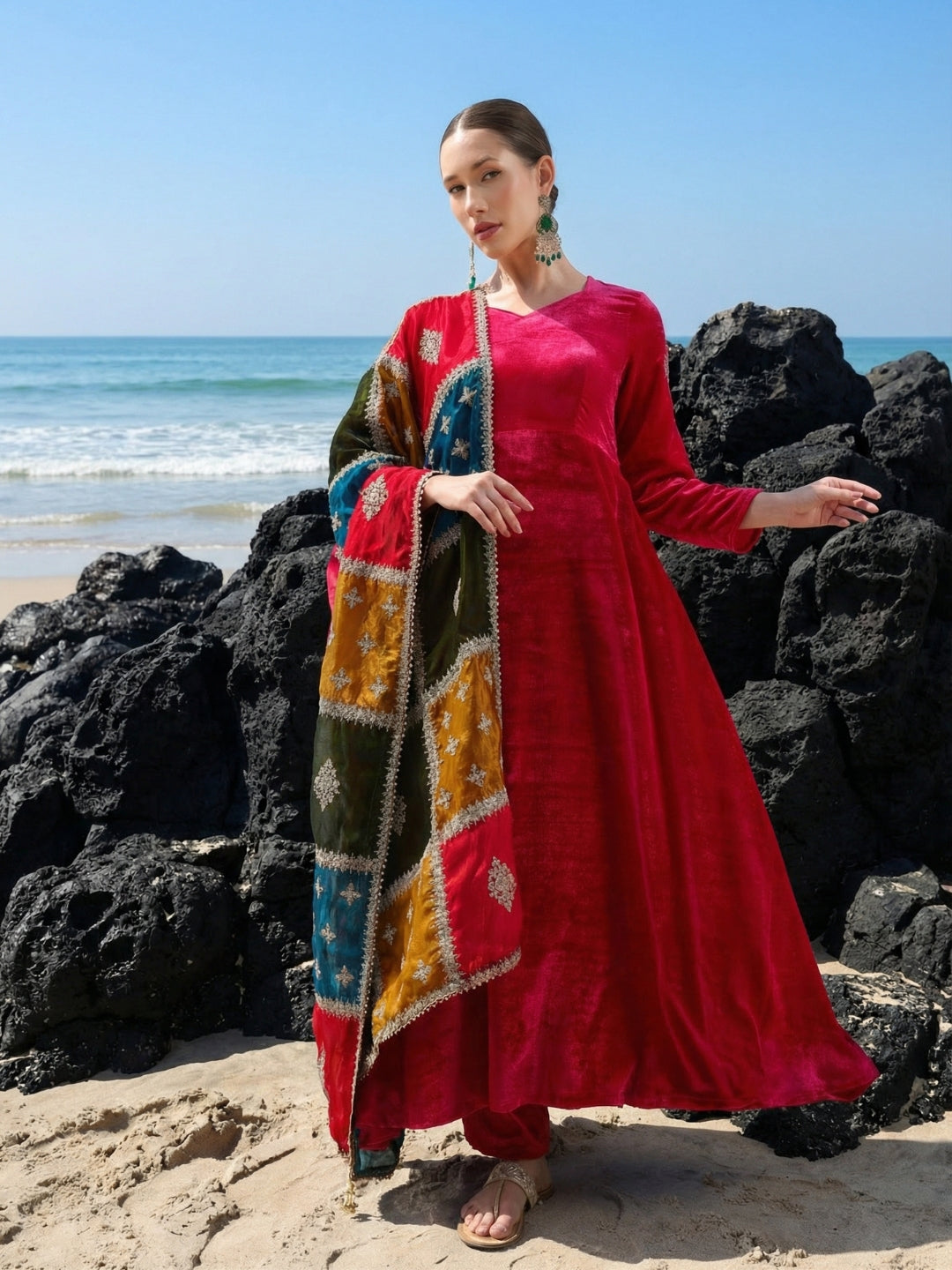 Rich Pink Organza Patchwork Embroidered Anarkali Kurta Set