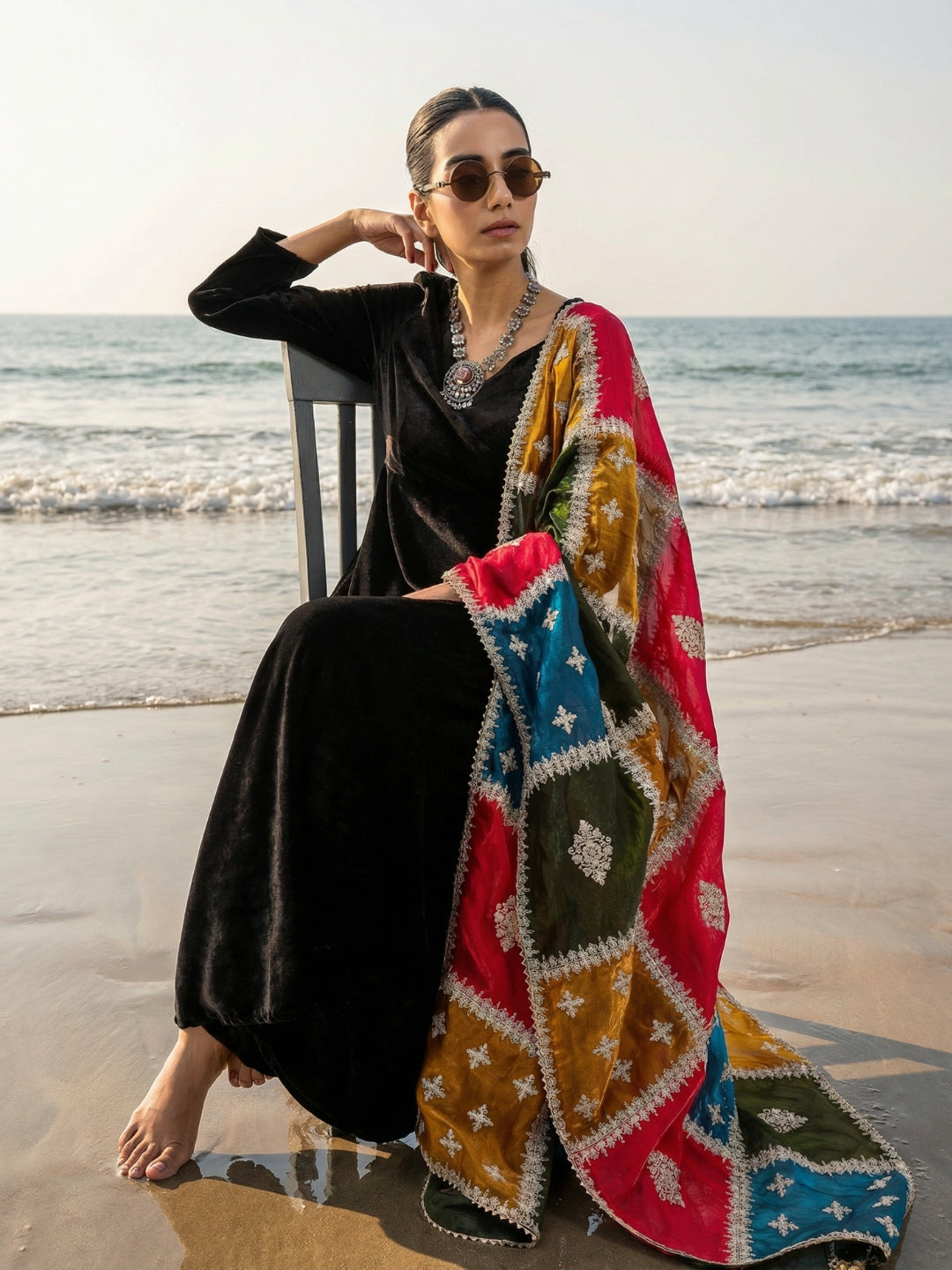 Rich Black Organza Patchwork Embroidered Anarkali Kurta Set