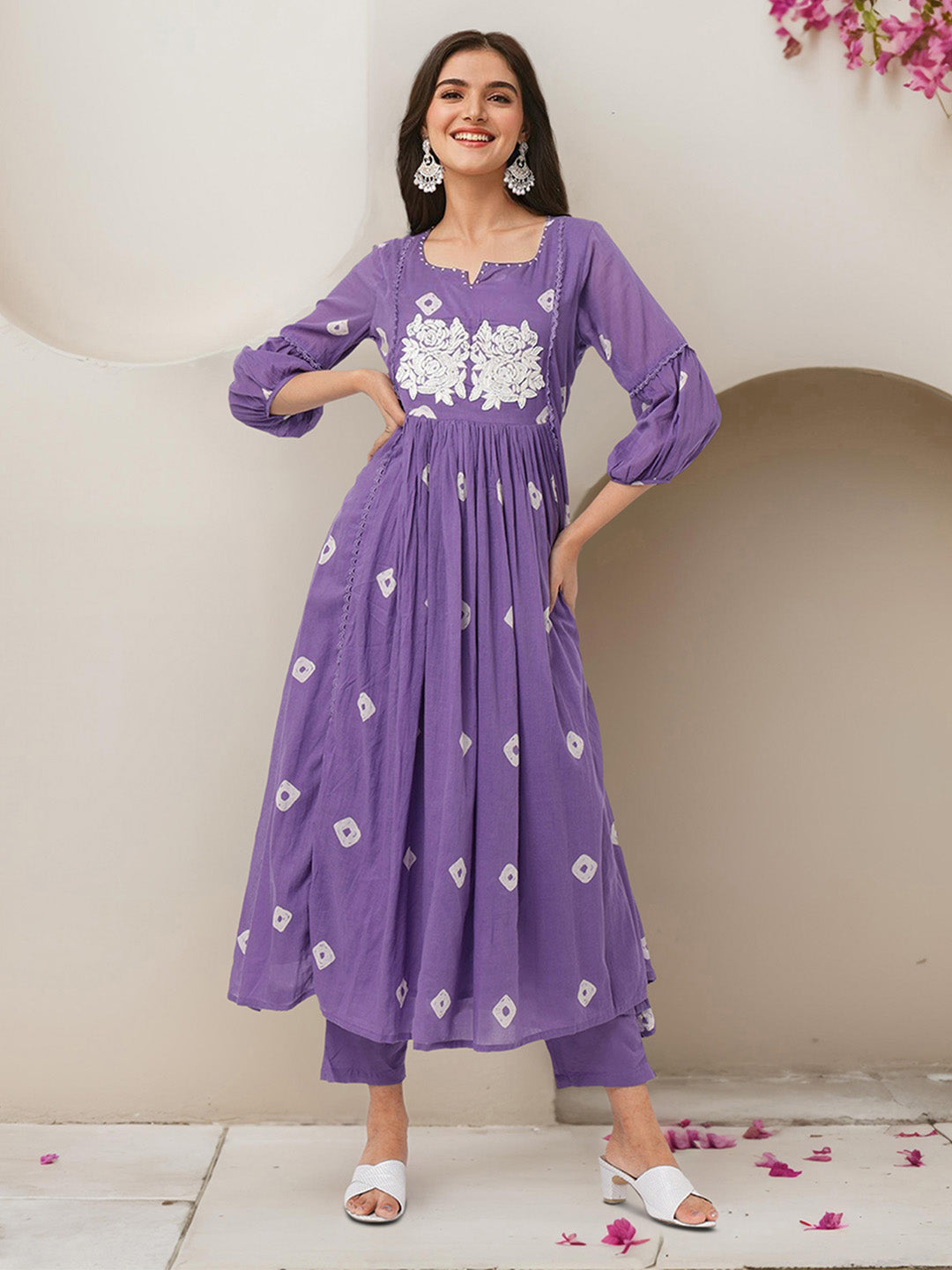 Comfy Purple Cotton Bandhani Printed A-line Fit  Kurta Set