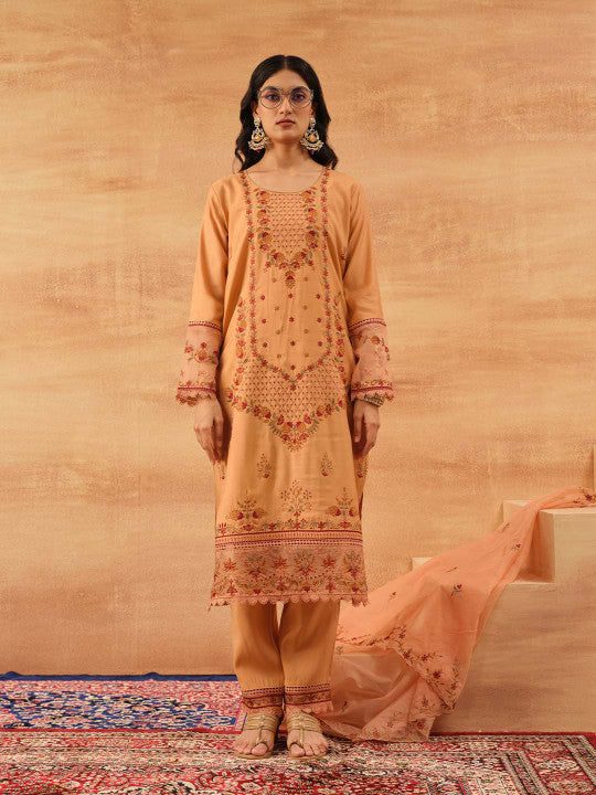 Ishin Women Orange Roman Silk 3Pcs Kurta Set