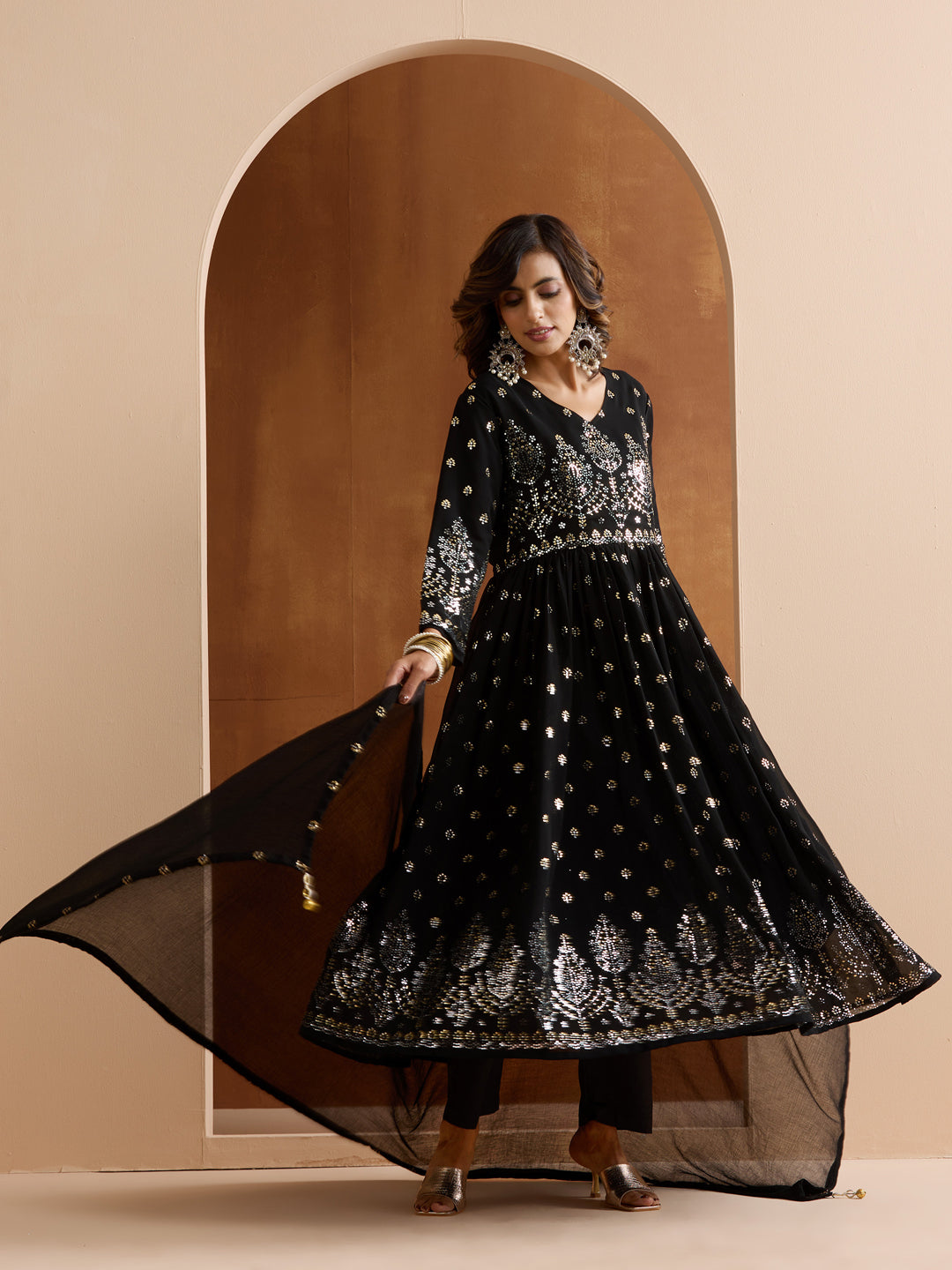 Graceful Black poly georgette foil embossed anarkali fit kurta set with dupatta