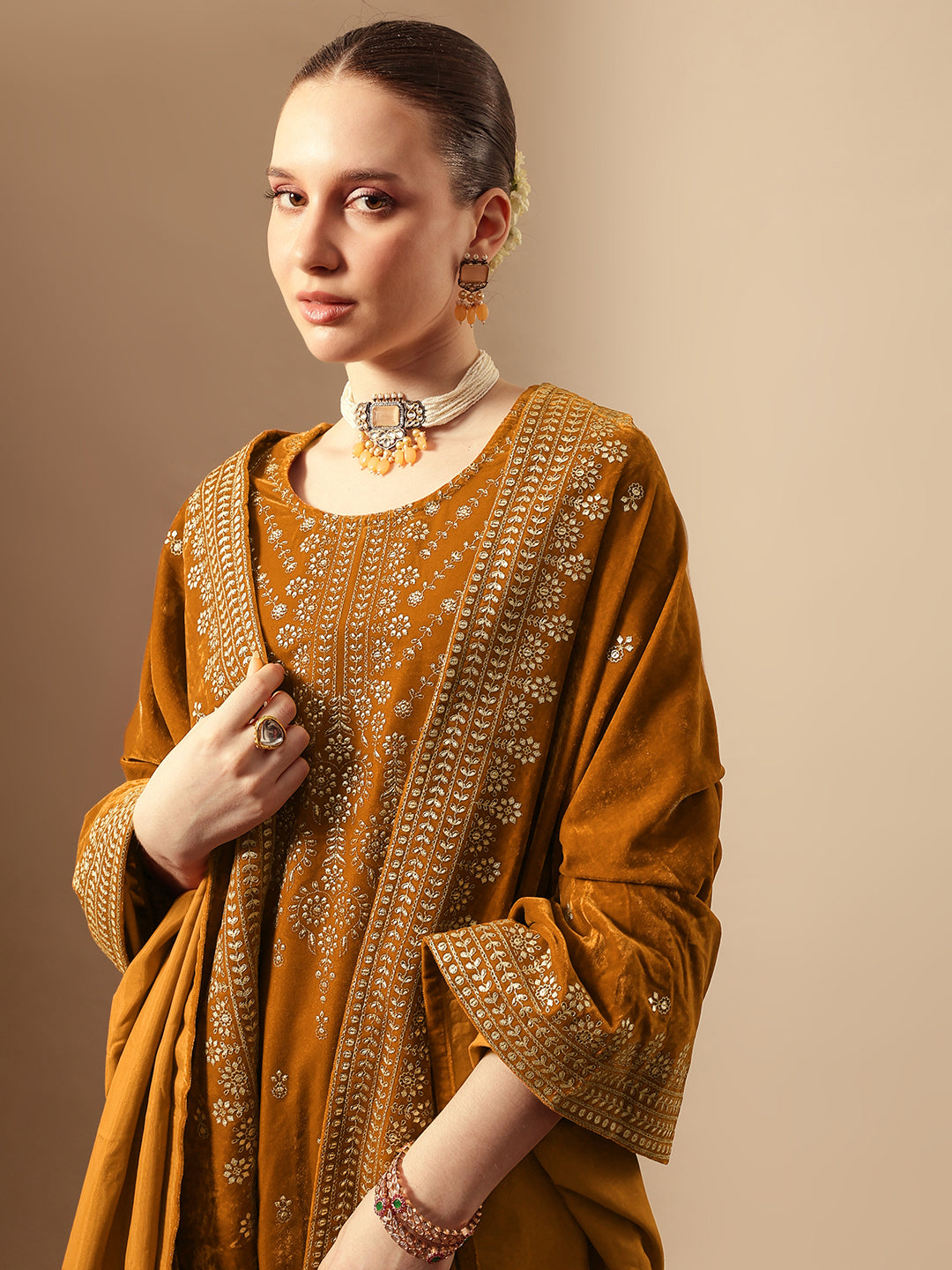 Rich Gold Velvet Gold Print Straight Kurta sets with dupatta